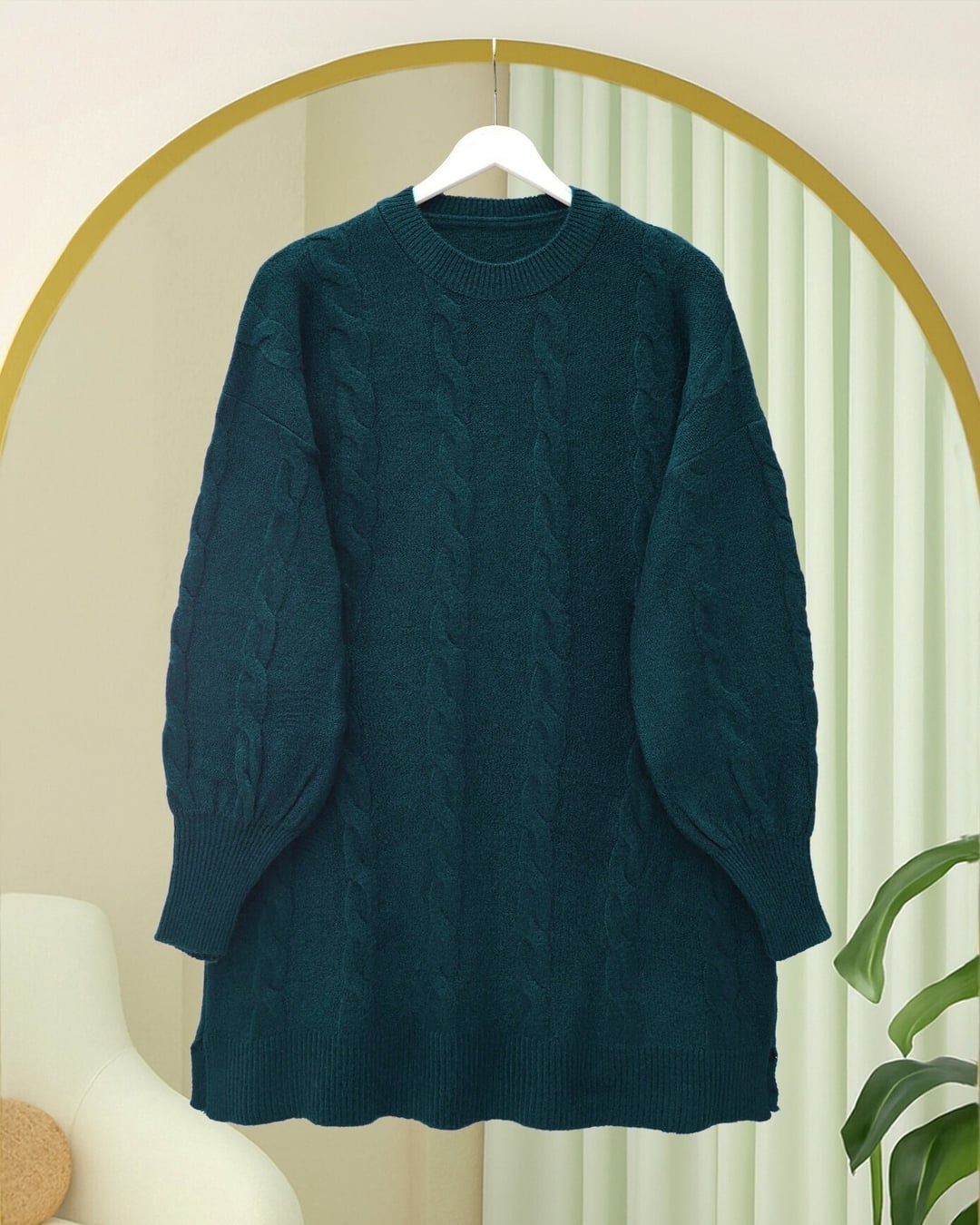Emerald Green Cable Knit Sweater with Balloon Sleeves - Podyumplus - by Peralane - photo 5