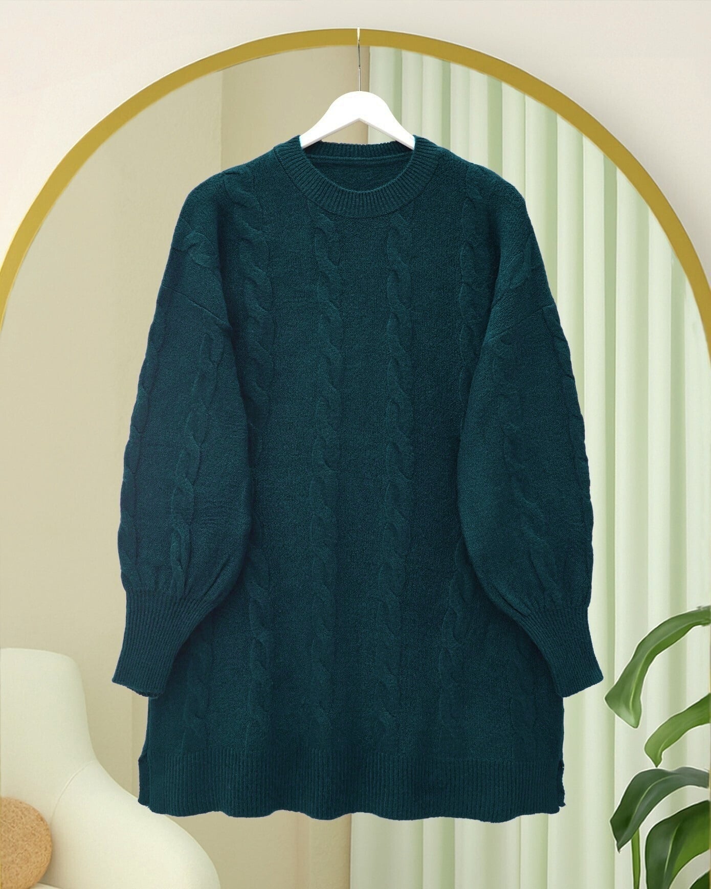 Emerald Green Cable Knit Sweater with Balloon Sleeves - Podyumplus - by Peralane - photo 5