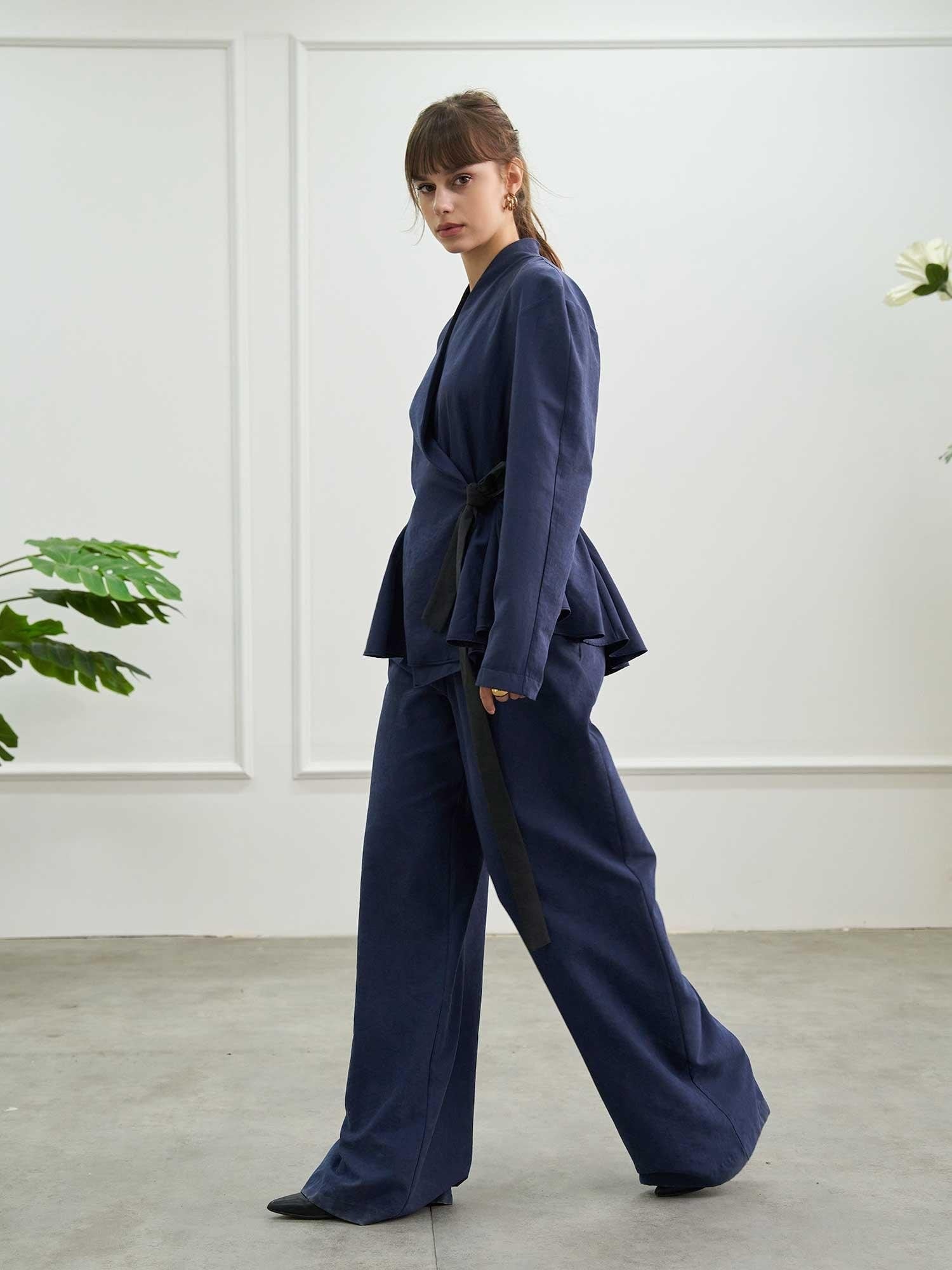 Navy Blue Belted Wide-Leg Trousers - Lefon - by Peralane - photo 6