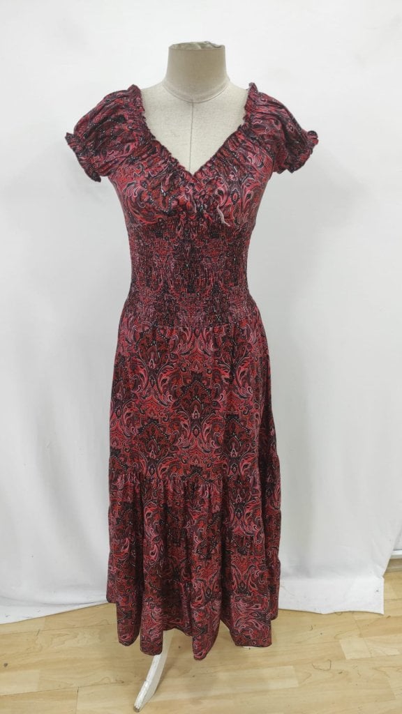 Women's Short Sleeve V-Neck Printed Maxi Dress in Red with Paisley Print - Janes - by Peralane - photo 6