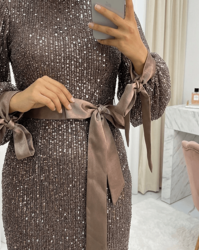 Sequined Evening Dress with Belt - Light Brown - Podyumplus - by Peralane - photo 2