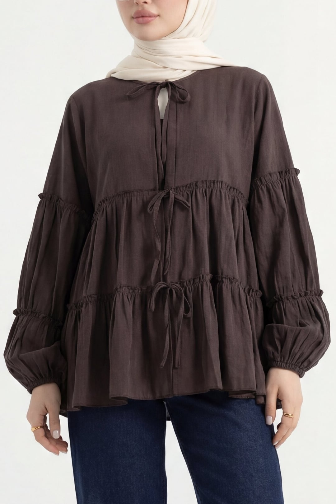 Brown Tie-Front Layered Modal Blouse with Elastic Cuffs - Podyumplus - by Peralane