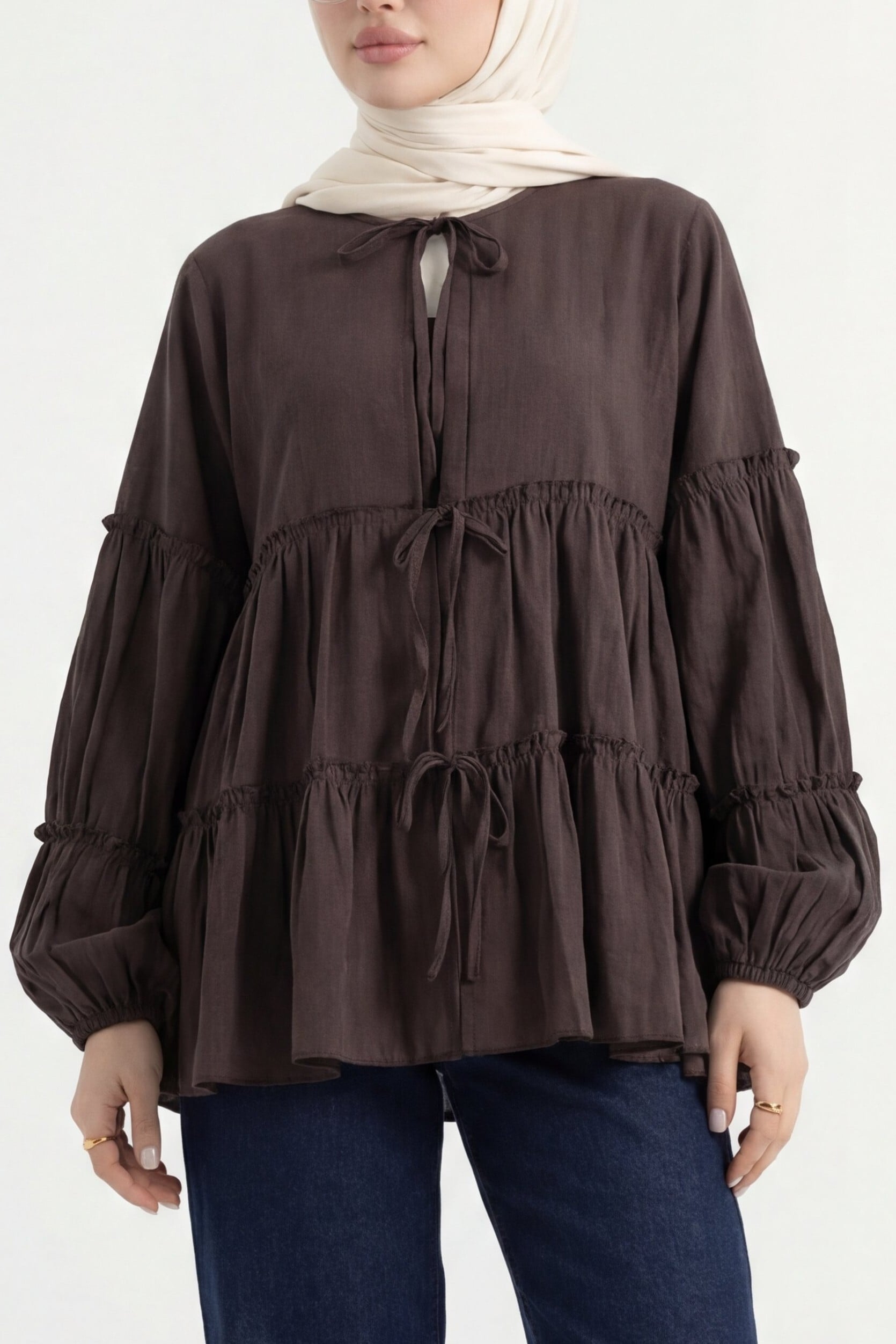 Brown Tie-Front Layered Modal Blouse with Elastic Cuffs - Podyumplus - by Peralane