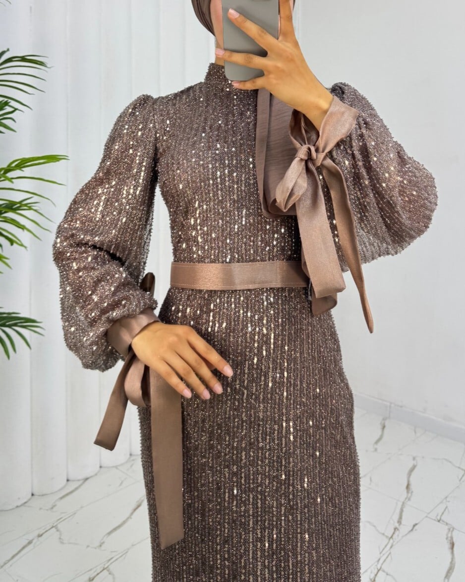 Sequined Evening Dress with Belt - Light Brown - Podyumplus - by Peralane - photo 6