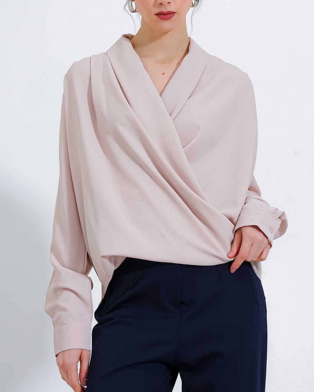 Women's Cream Wrap Collar Draped Satin Blouse 0492 - Bigdart - by Peralane - photo 2