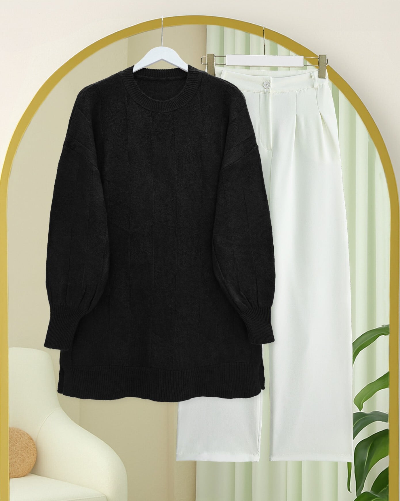 Black Round Neck Relaxed Patterned Knit Sweater - Podyumplus - by Peralane - photo 2