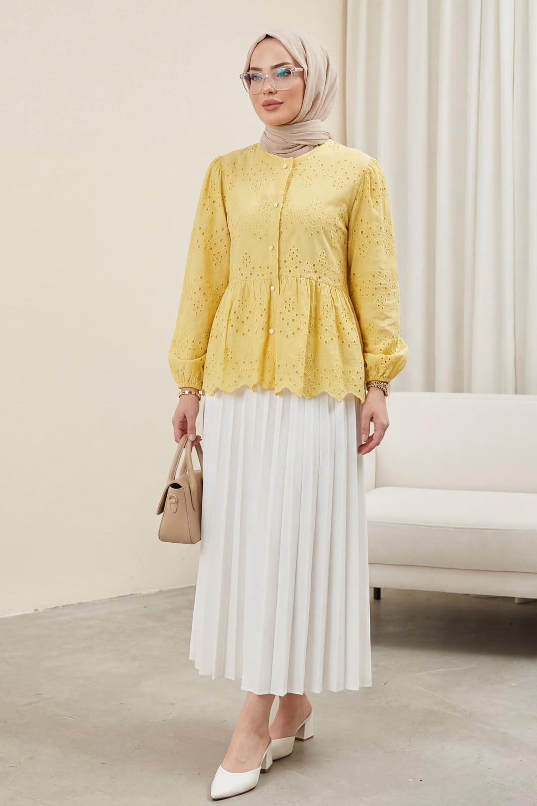 Yellow Eyelet Peplum Blouse with Long Puff Sleeves - Podyumplus - by Peralane - photo 3