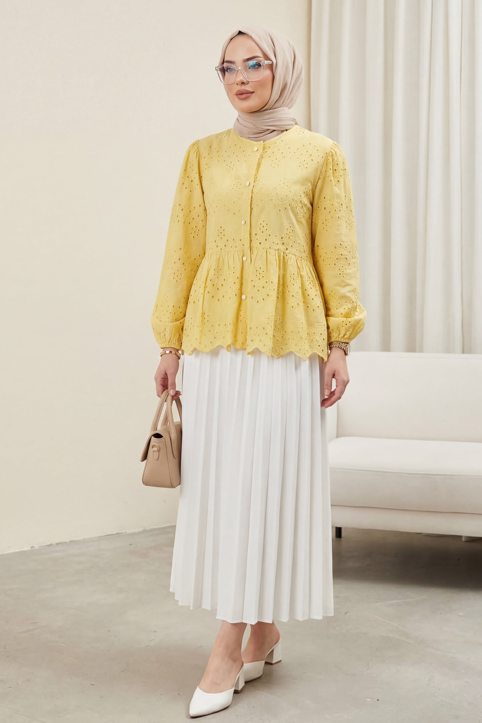 Yellow Eyelet Peplum Blouse with Long Puff Sleeves - Podyumplus - by Peralane - photo 3