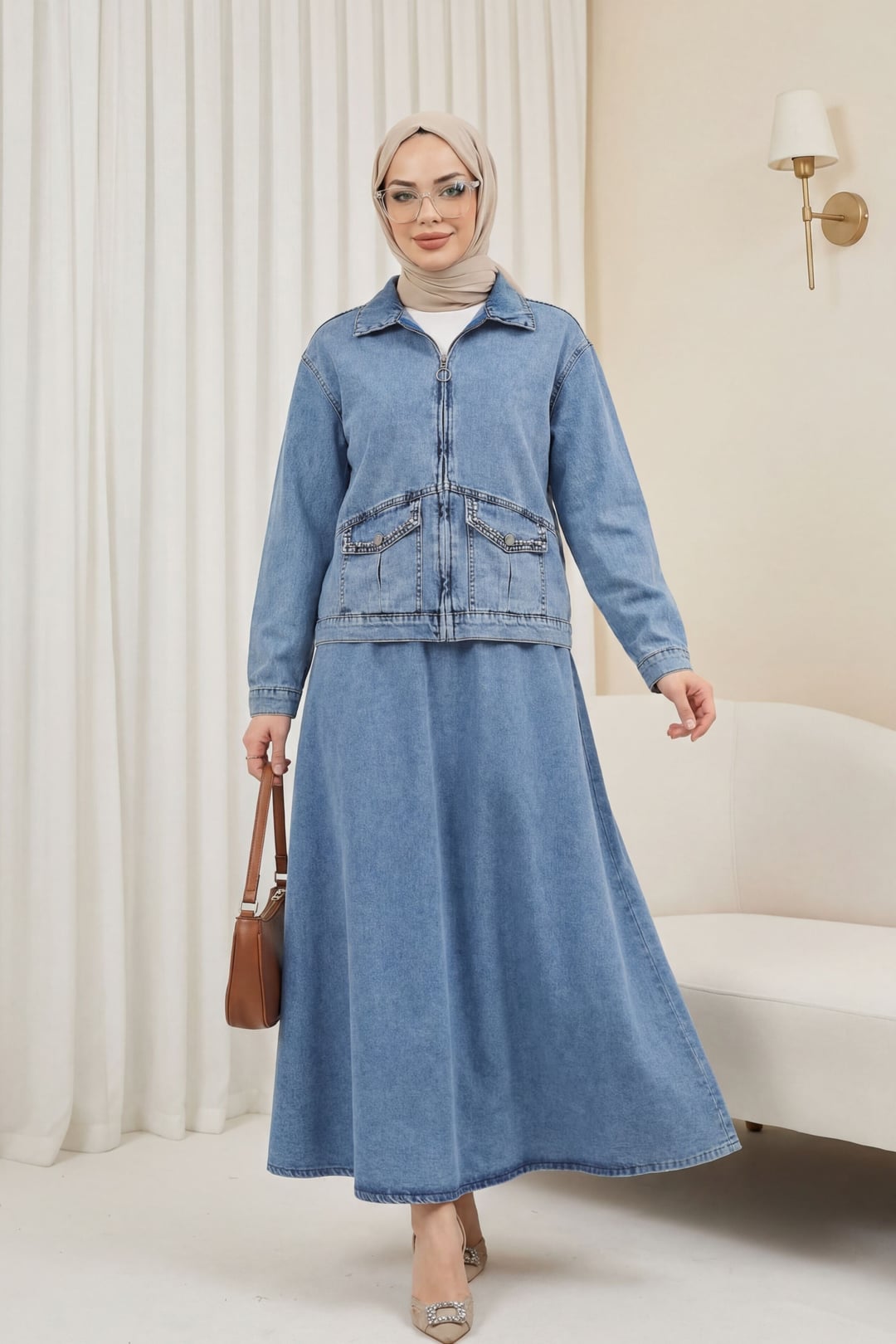 Zipped Denim Jacket and Skirt Set - Ice Blue - Podyumplus - by Peralane