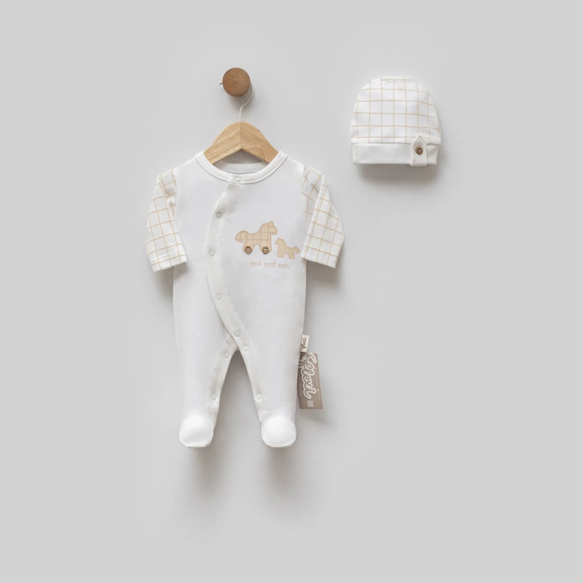 Baby Romper and Hat Set with Horse Embroidered Motif - Ecru - Flexi Baby - by Peralane