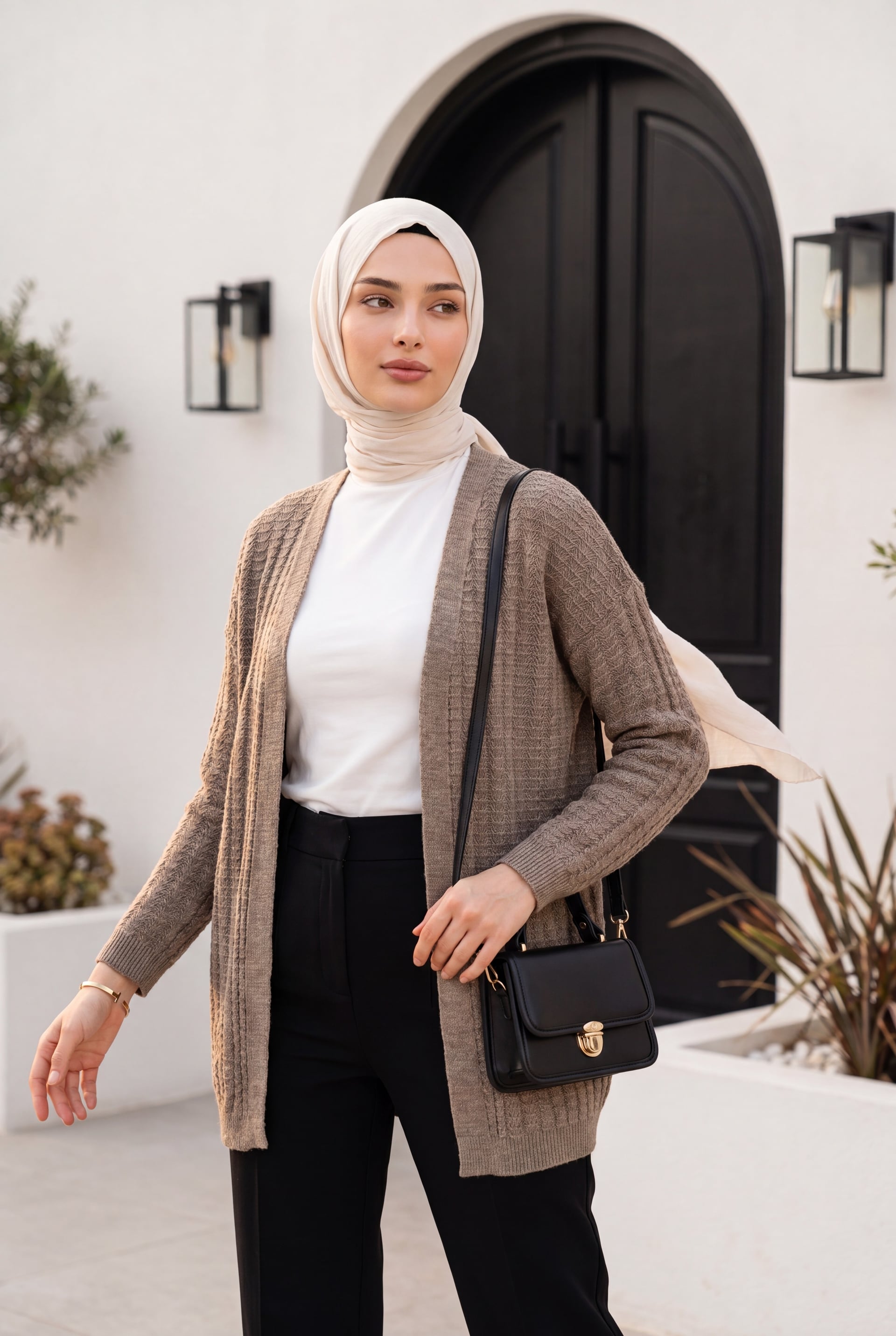 Open-Front Textured Knit Cardigan - Light Brown - Podyumplus - by Peralane
