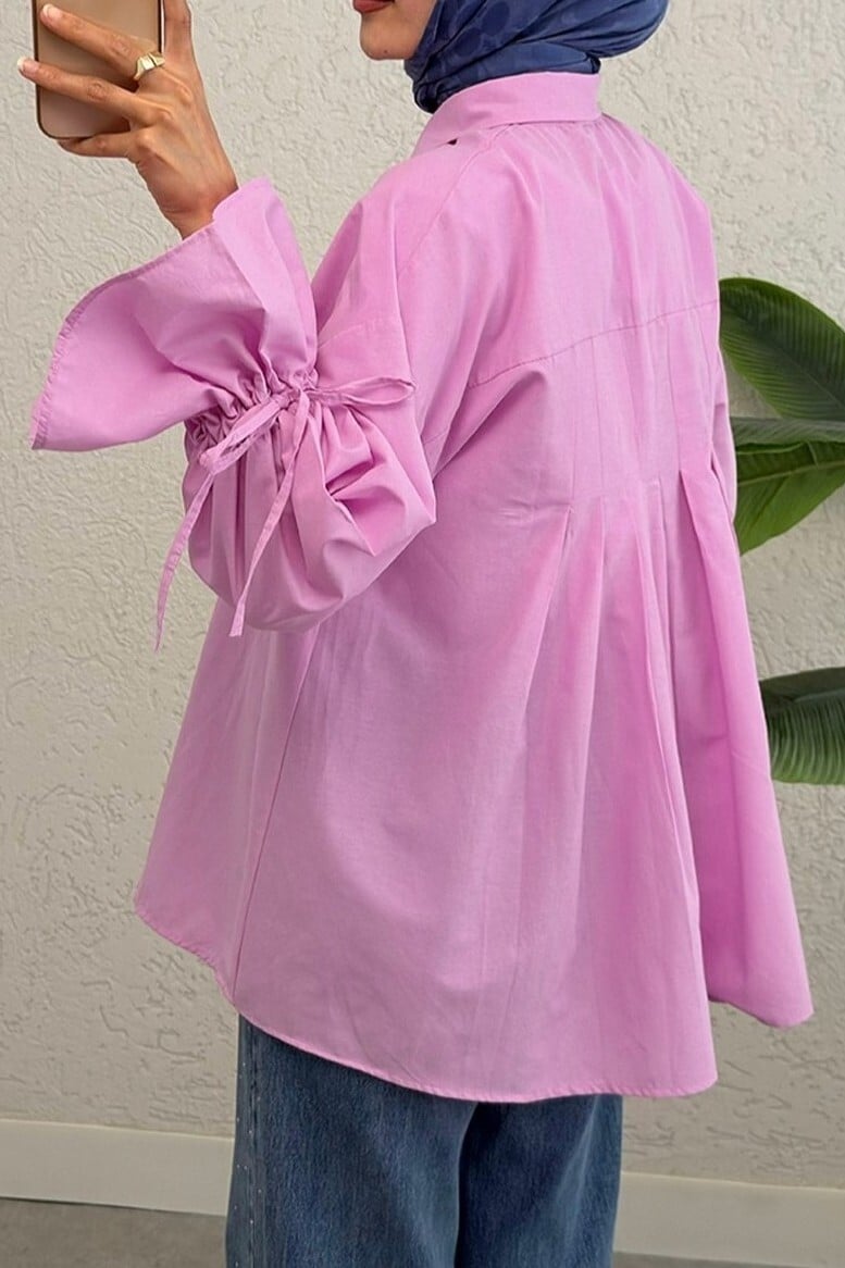 Light Pink Pleated Back Blouse with Ruched Sleeves - Podyumplus - by Peralane - photo 5