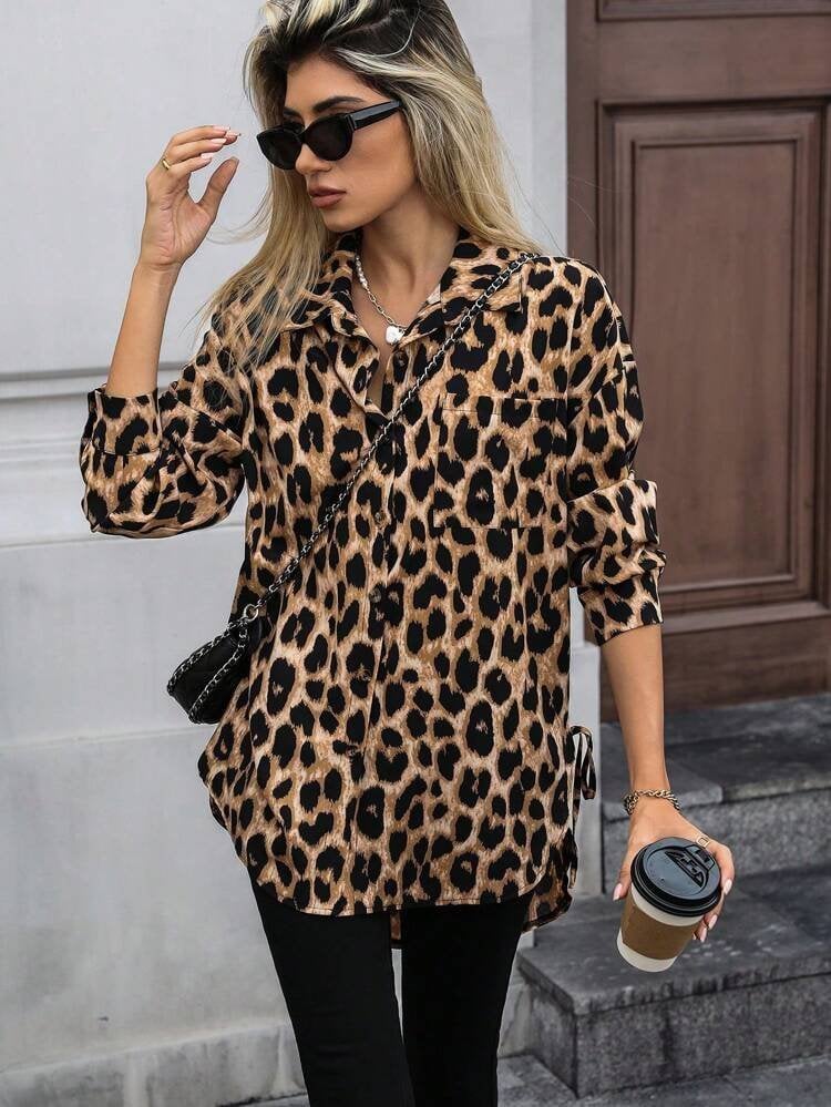 Women's Long-Sleeved Collared Leopard Print Modal Blouse with Button Front and Side Laces - Janes - by Peralane - photo 2