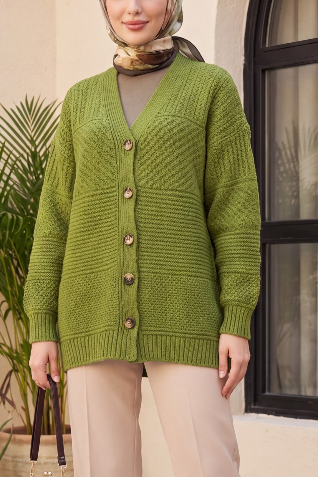 V-Neck Button-Front Relaxed Knit Cardigan - Pistachio Green - Podyumplus - by Peralane - photo 2