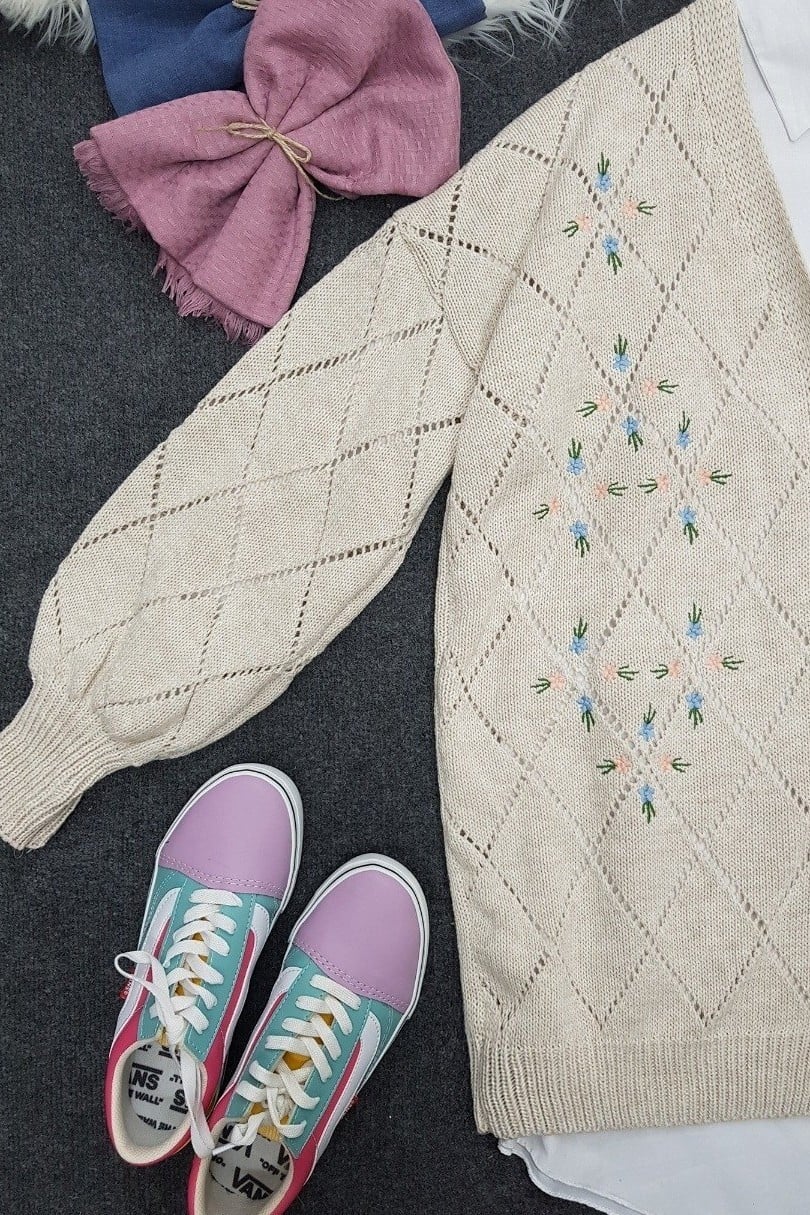Ajour Floral Embroidered Buttoned Knit Cardigan - Stone - Podyumplus - by Peralane - photo 7