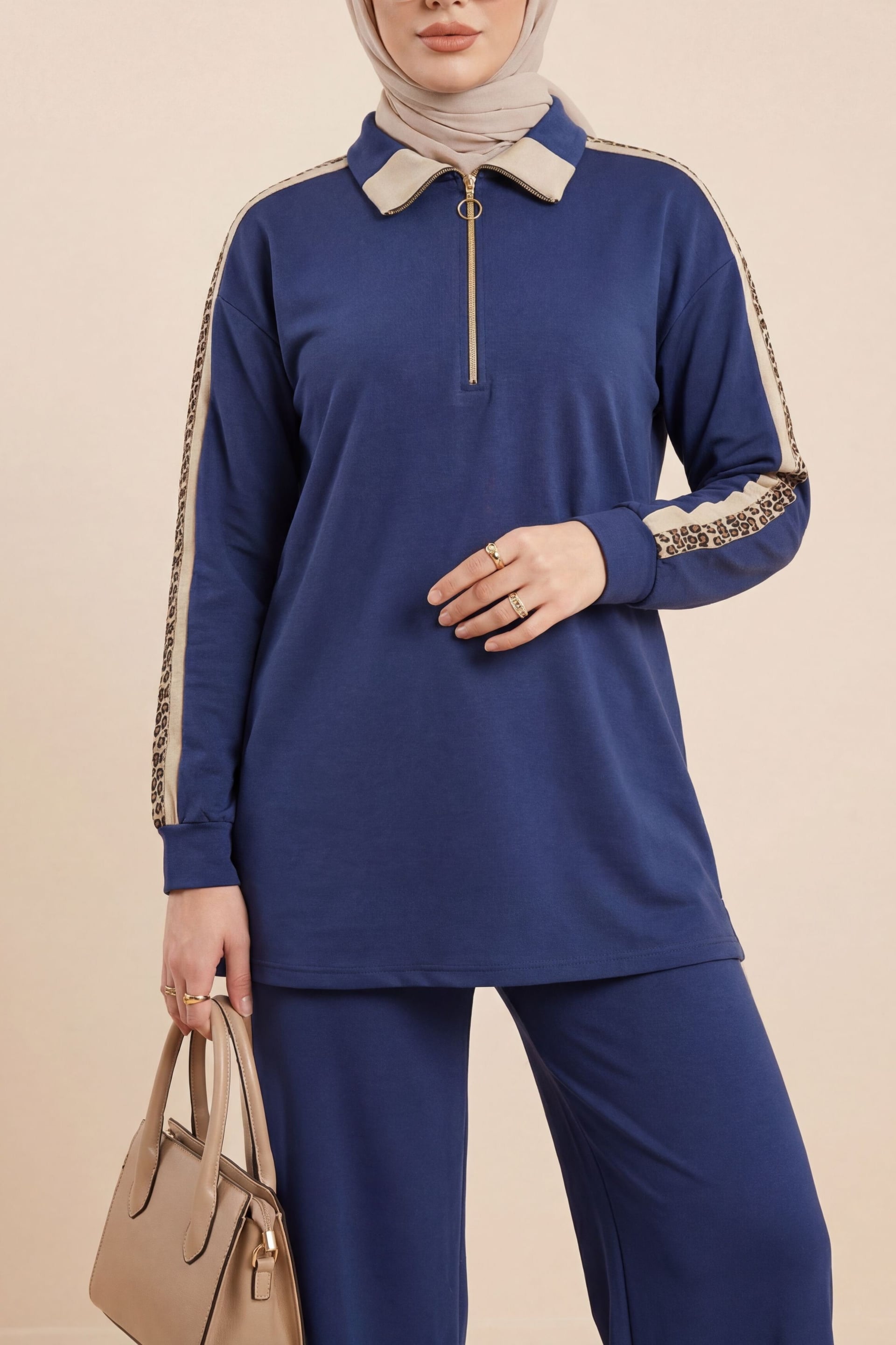 Navy Blue Leopard Trim Quarter-Zip Jersey Tracksuit Set - Podyumplus - by Peralane - photo 2