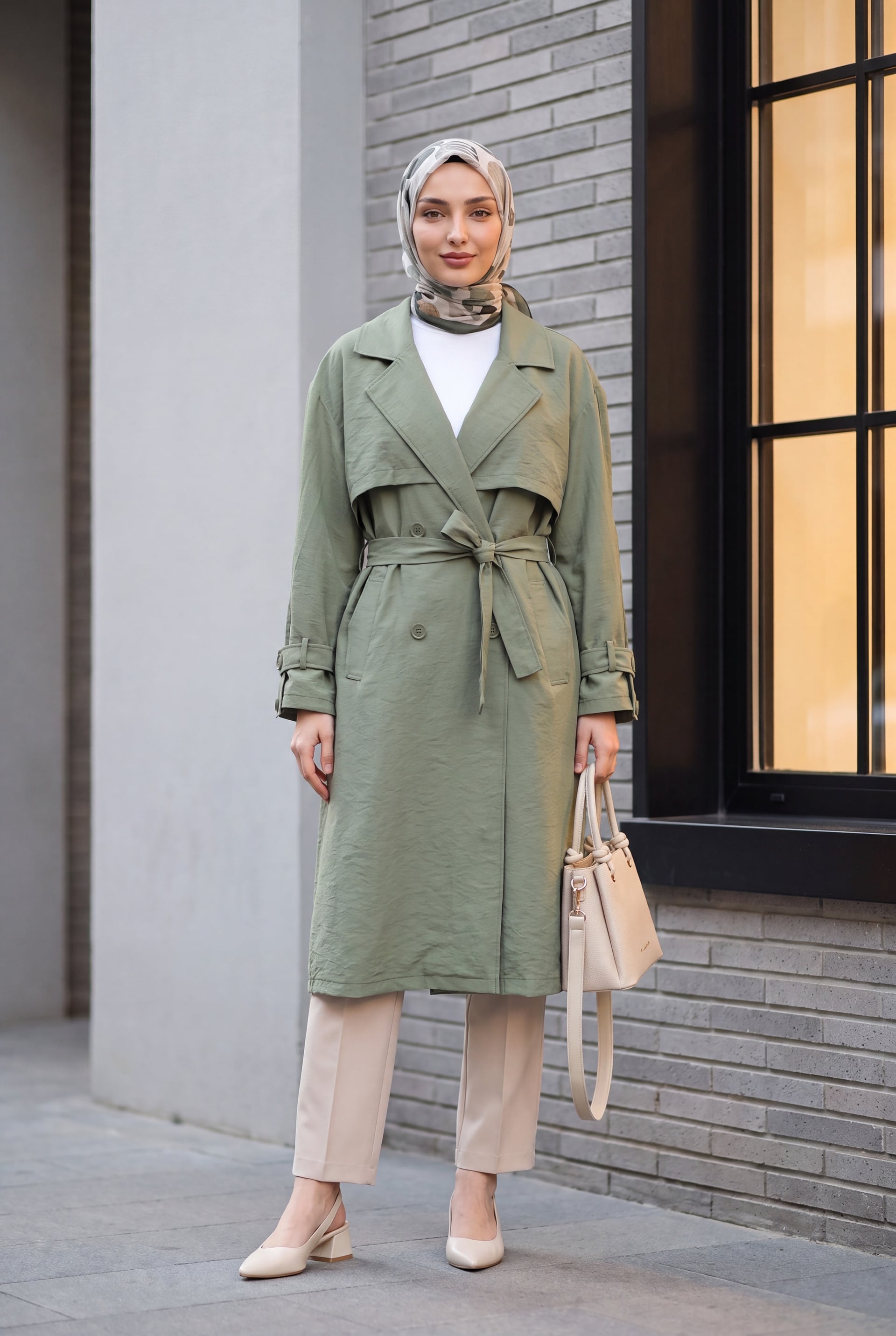 Belted Double-Breasted Trench Coat with Epaulettes and Capelet - Khaki - Podyumplus - by Peralane