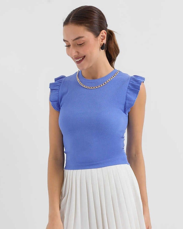 Ruffled Cap Sleeve Knit Blouse - Blue - Bigdart - by Peralane - photo 3