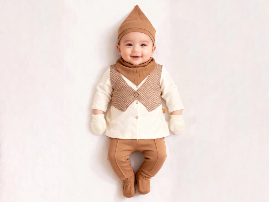 Newborn Boy's Vest Set with Hat and Booties - Brown - Beyaz Bebek - by Peralane