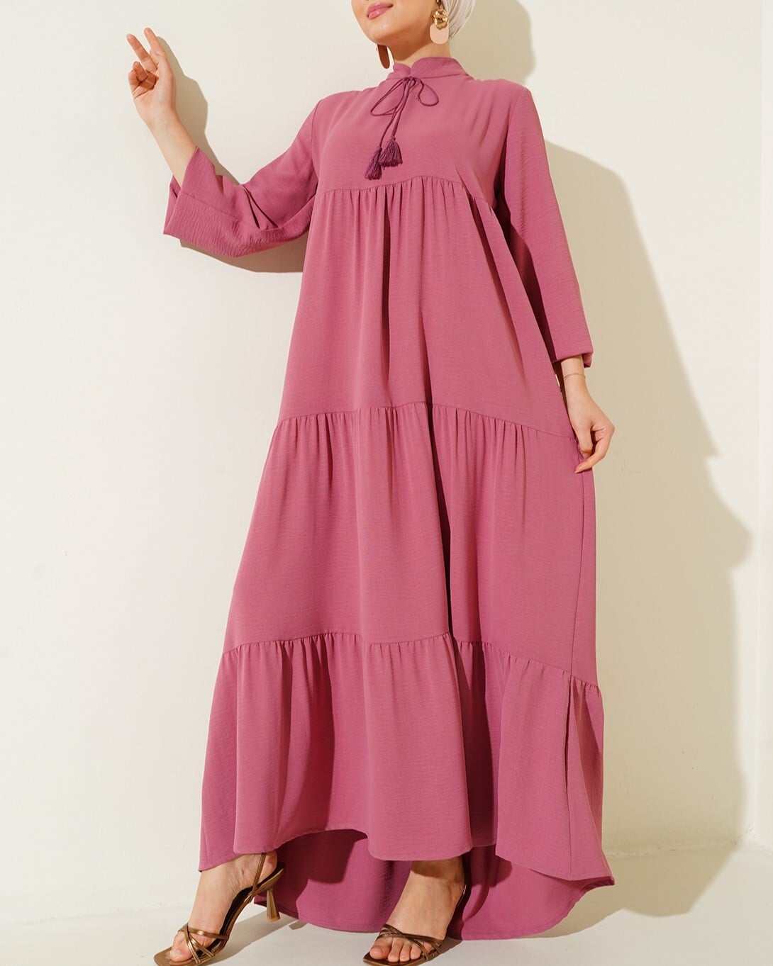T1627 Tie Neck Long Dress - Dusty Pink - Bigdart - by Peralane - photo 5