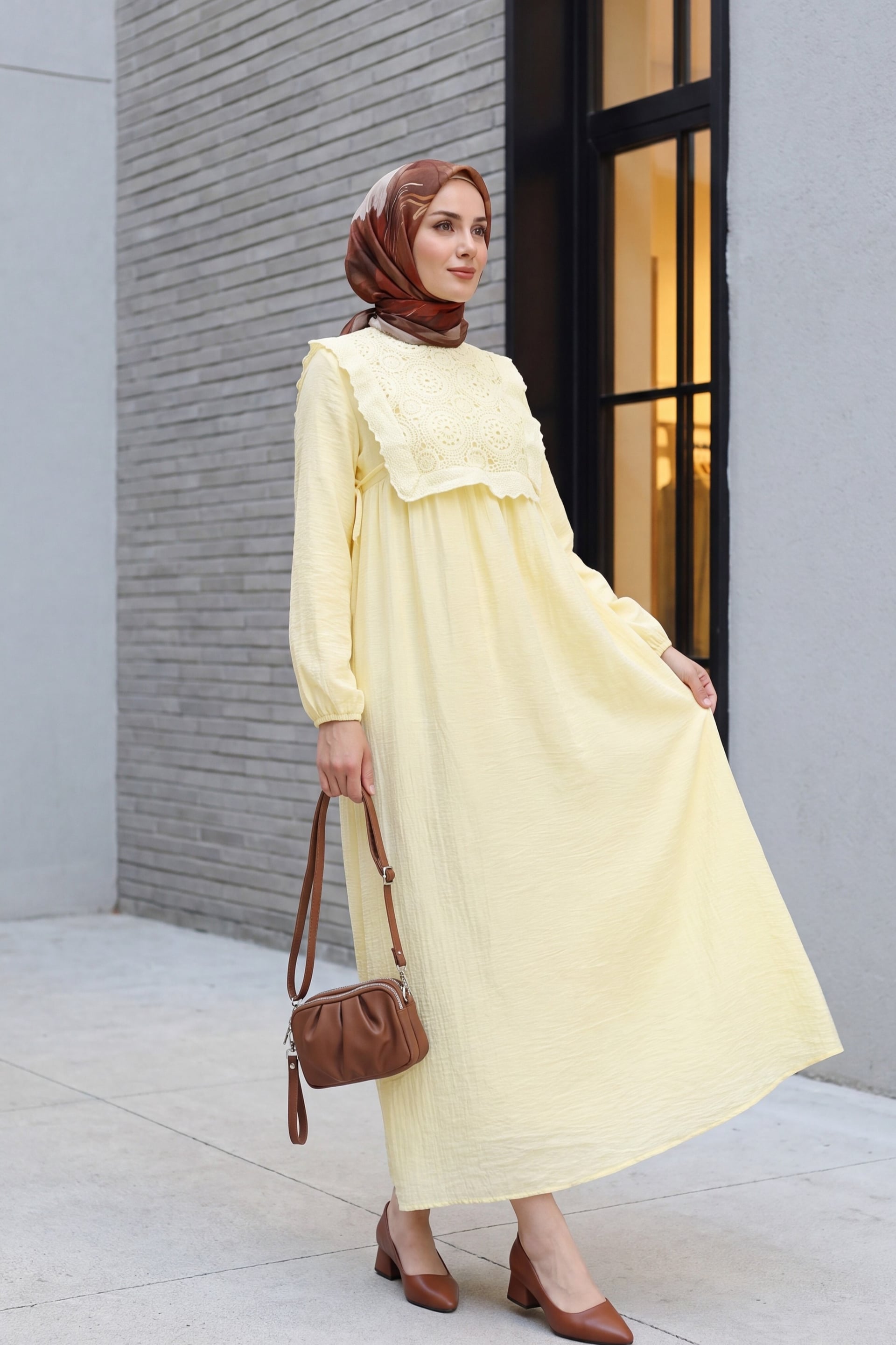 Pale Yellow Crinkle Cotton Dress with Removable Lace Vest - Podyumplus - by Peralane - photo 2