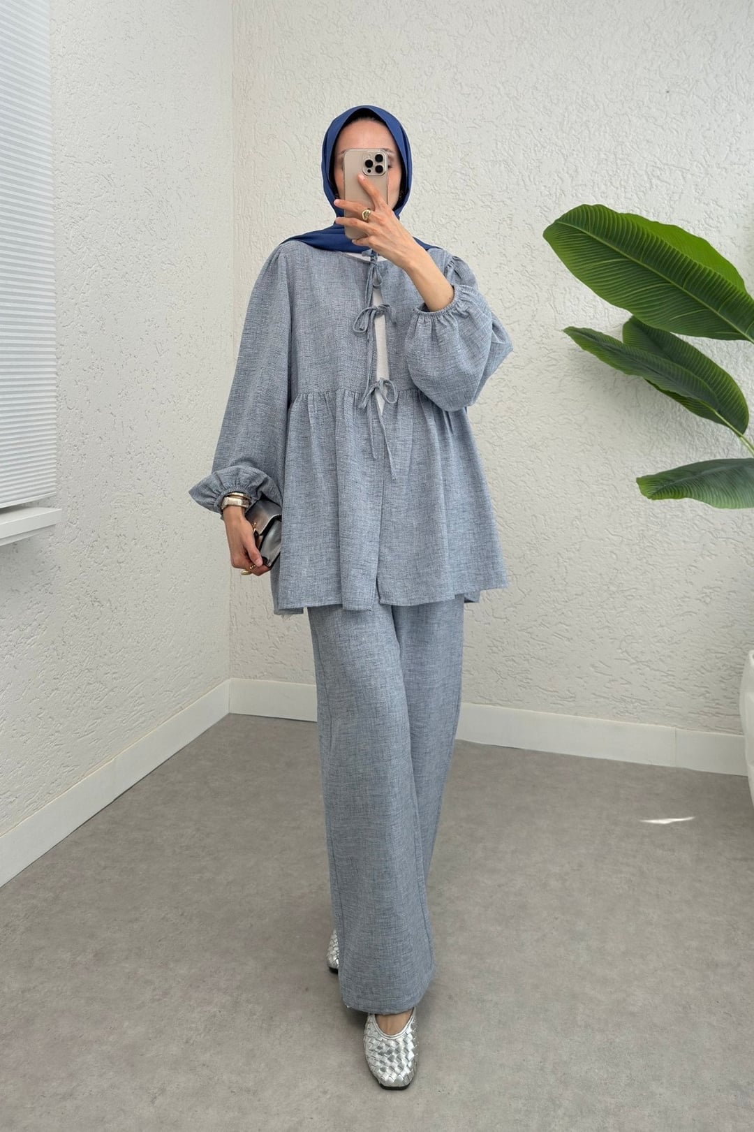 Tie-Front Two-Piece Set with Elastic Cuffs - Ice Blue - Podyumplus - by Peralane - photo 5