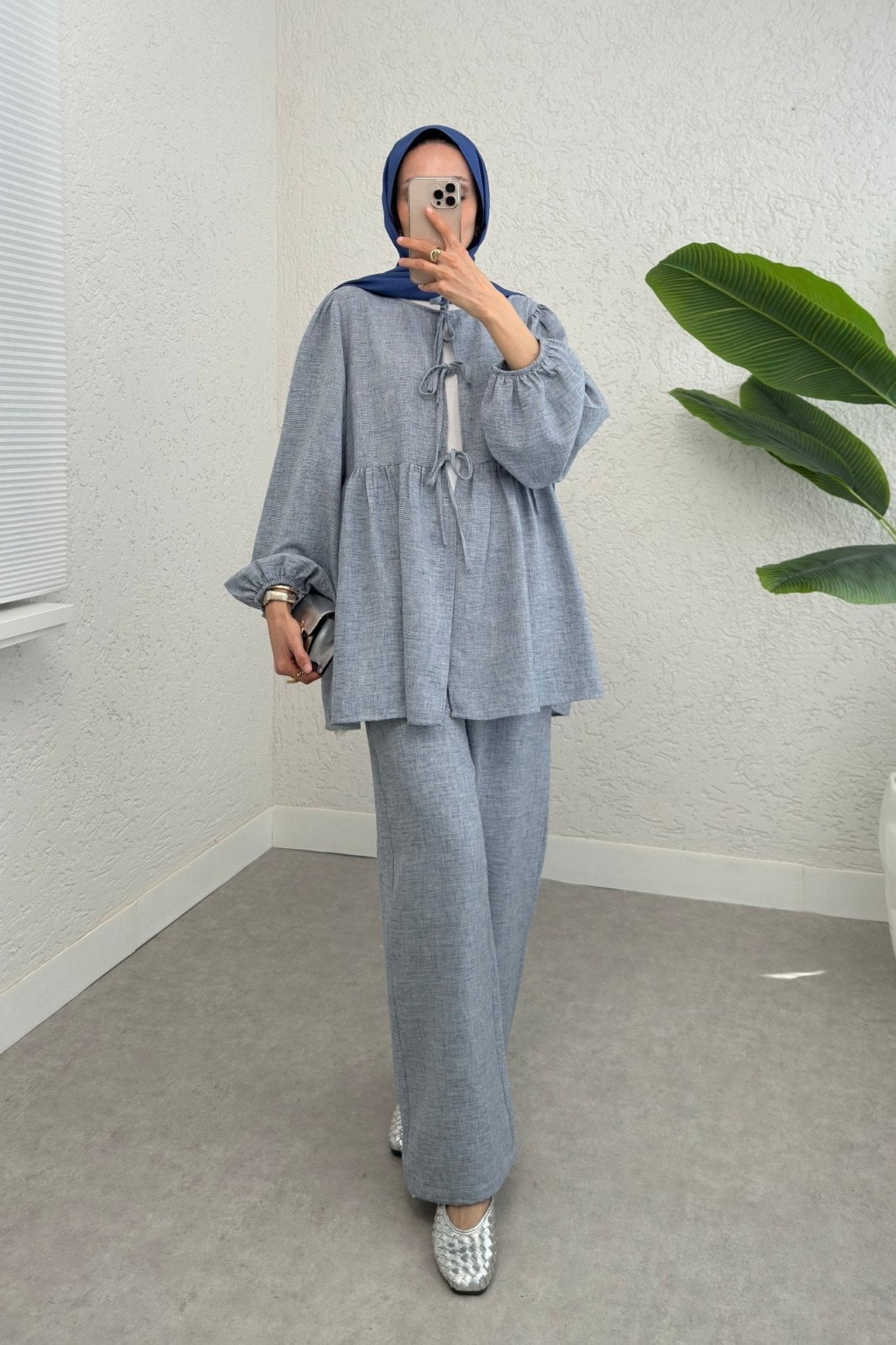 Tie-Front Two-Piece Set with Elastic Cuffs - Ice Blue - Podyumplus - by Peralane - photo 5