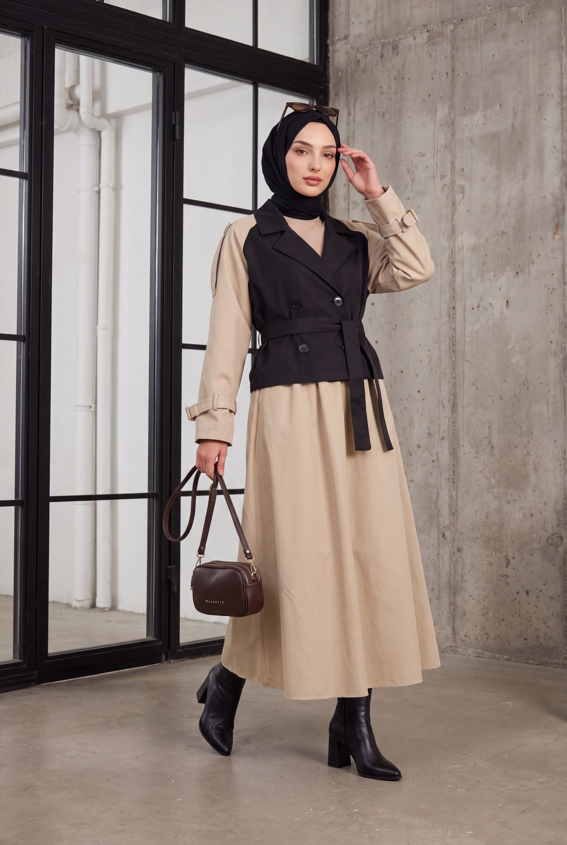 Women's Belted Short Trench Coat 5970 - Black - Beige - Wholeskop - by Peralane - photo 2