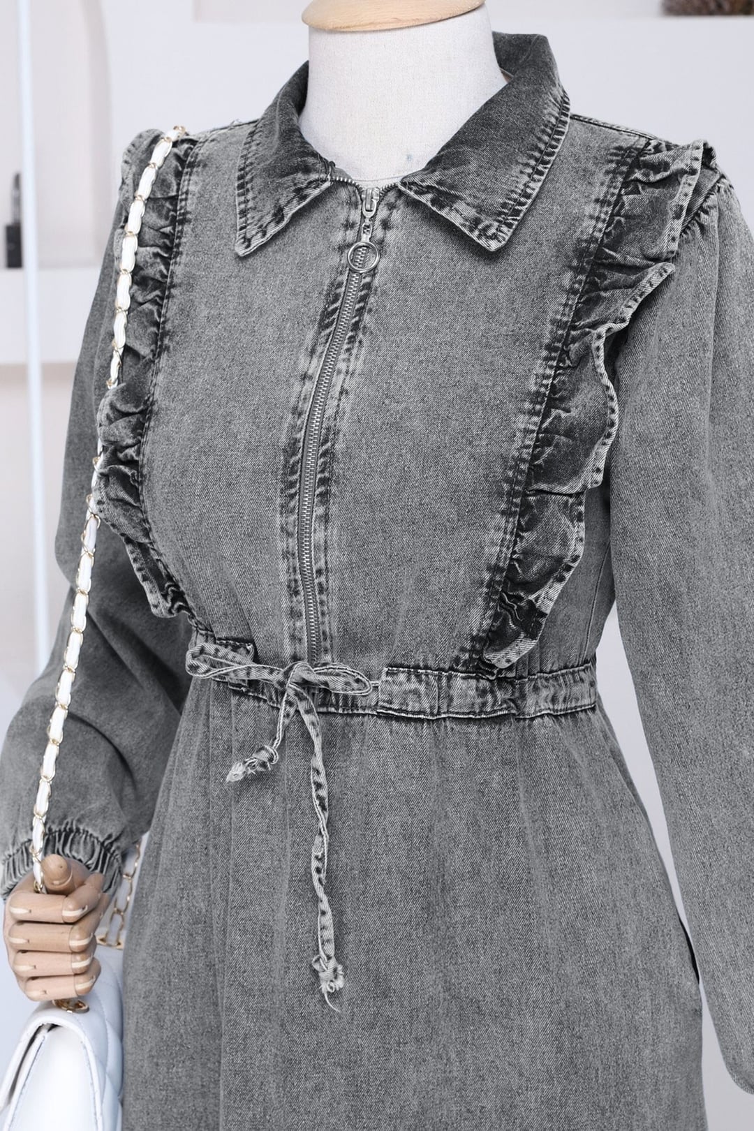 Ruffled Drawstring Denim Dress - Smoke Grey - Podyumplus - by Peralane - photo 7