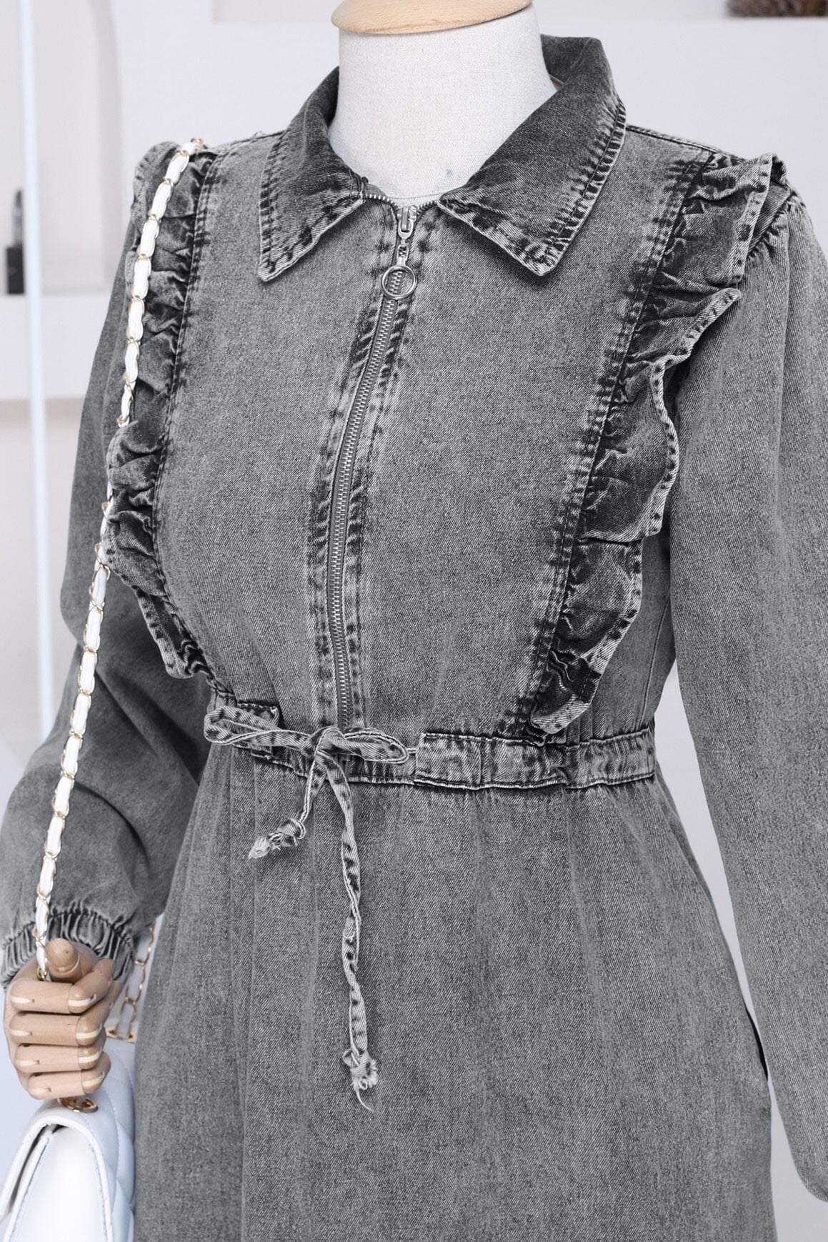 Ruffled Drawstring Denim Dress - Smoke Grey - Podyumplus - by Peralane - photo 7