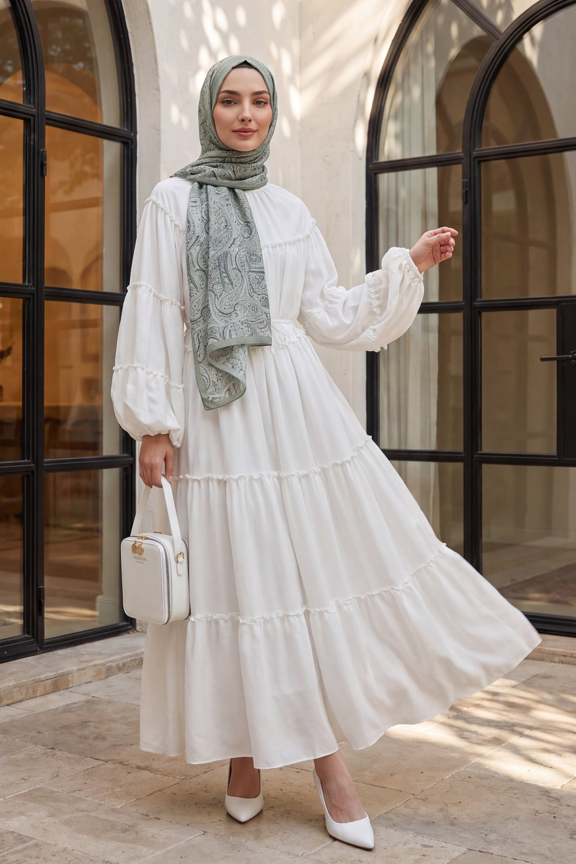White Tiered Ruffled Maxi Dress with Tie Waist and Elastic Cuffs - Podyumplus - by Peralane - photo 2
