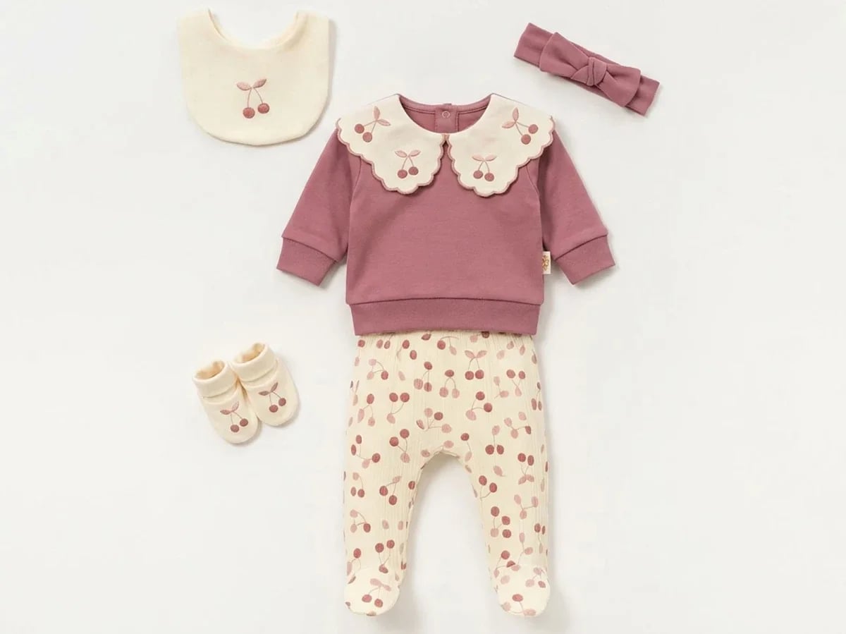 Cherry Embroidered Collar 5-Piece Baby Girl Newborn Set - Dusty Rose - Vovido - by Peralane