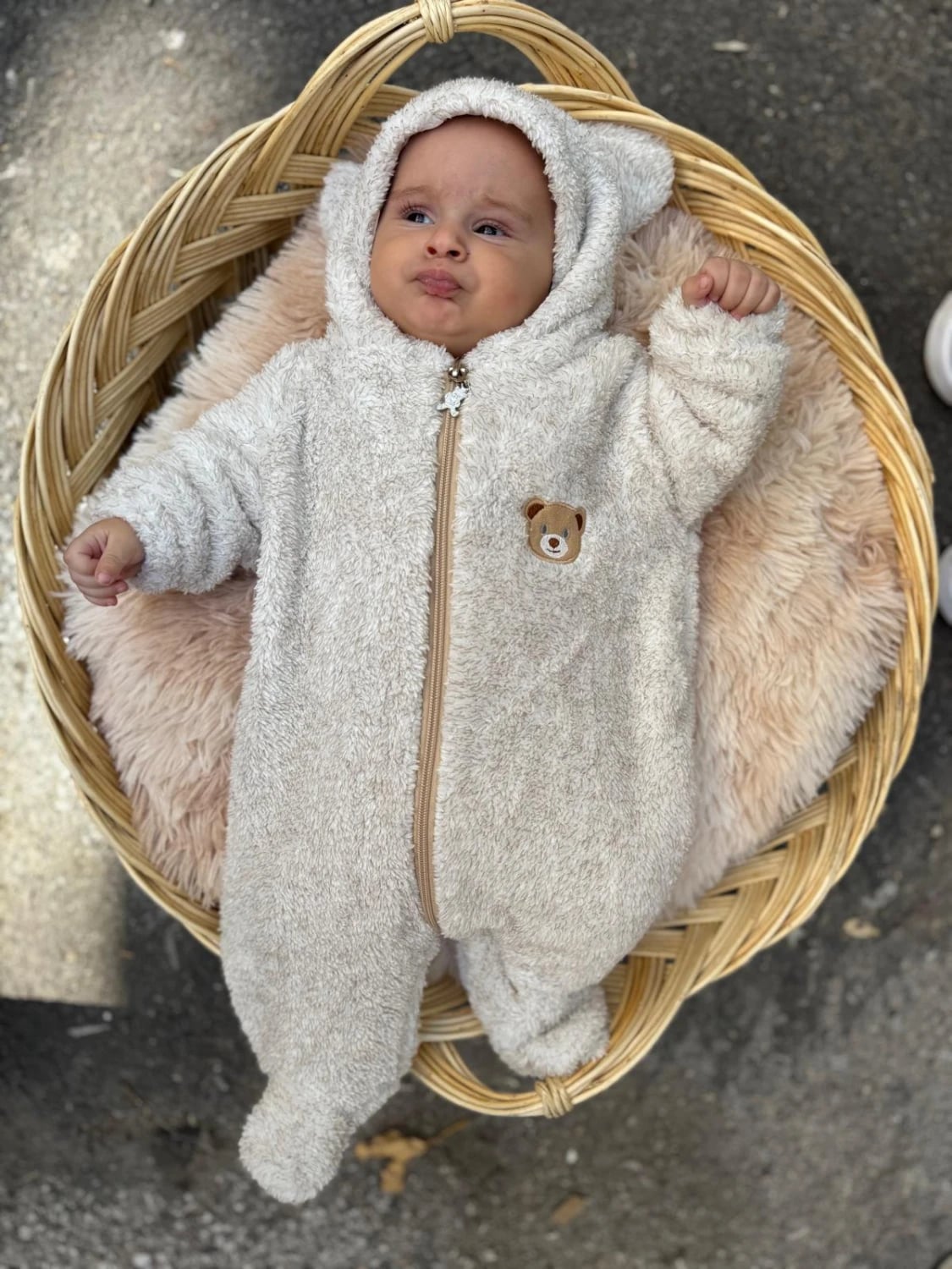 Baby Fleece Romper with Hood and Bear Ears - Light Beige - Minizade - by Peralane