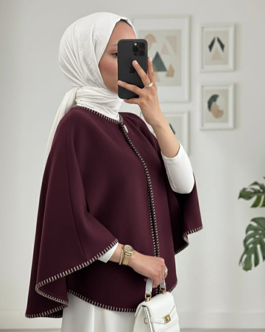 Women's Plaid Wool Cape with Pockets – Burgundy - Podyumplus - by Peralane - photo 5