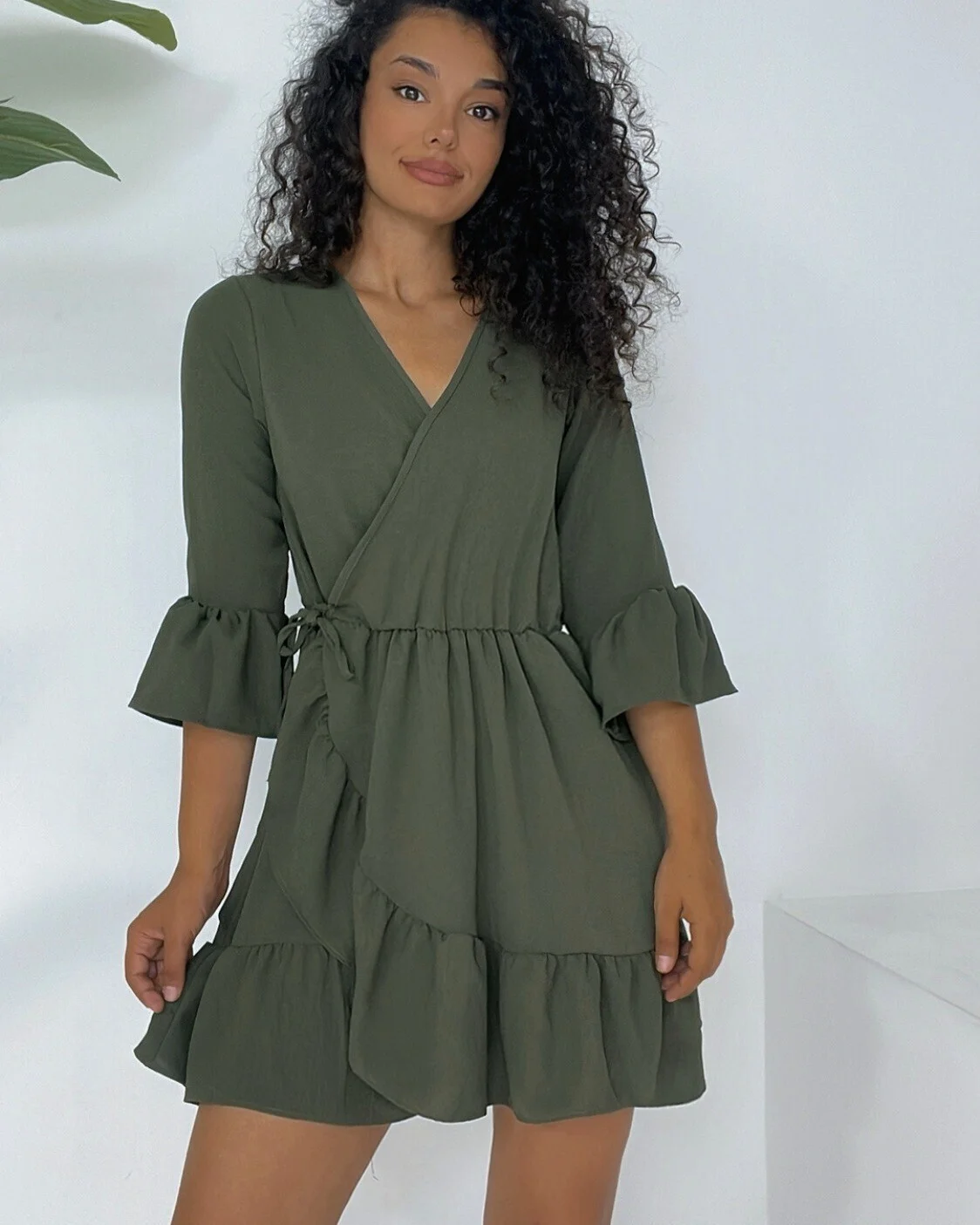 Ruffled Wrap Dress in Olive Green with Tie Waist - Podyumplus - by Peralane - photo 2