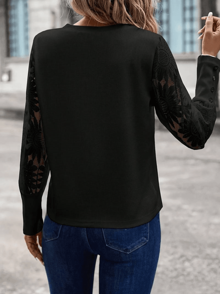Women's Black Long Sleeve Crew Neck Waffle Blouse with Floral Lace Sleeves - Janes - by Peralane - photo 2