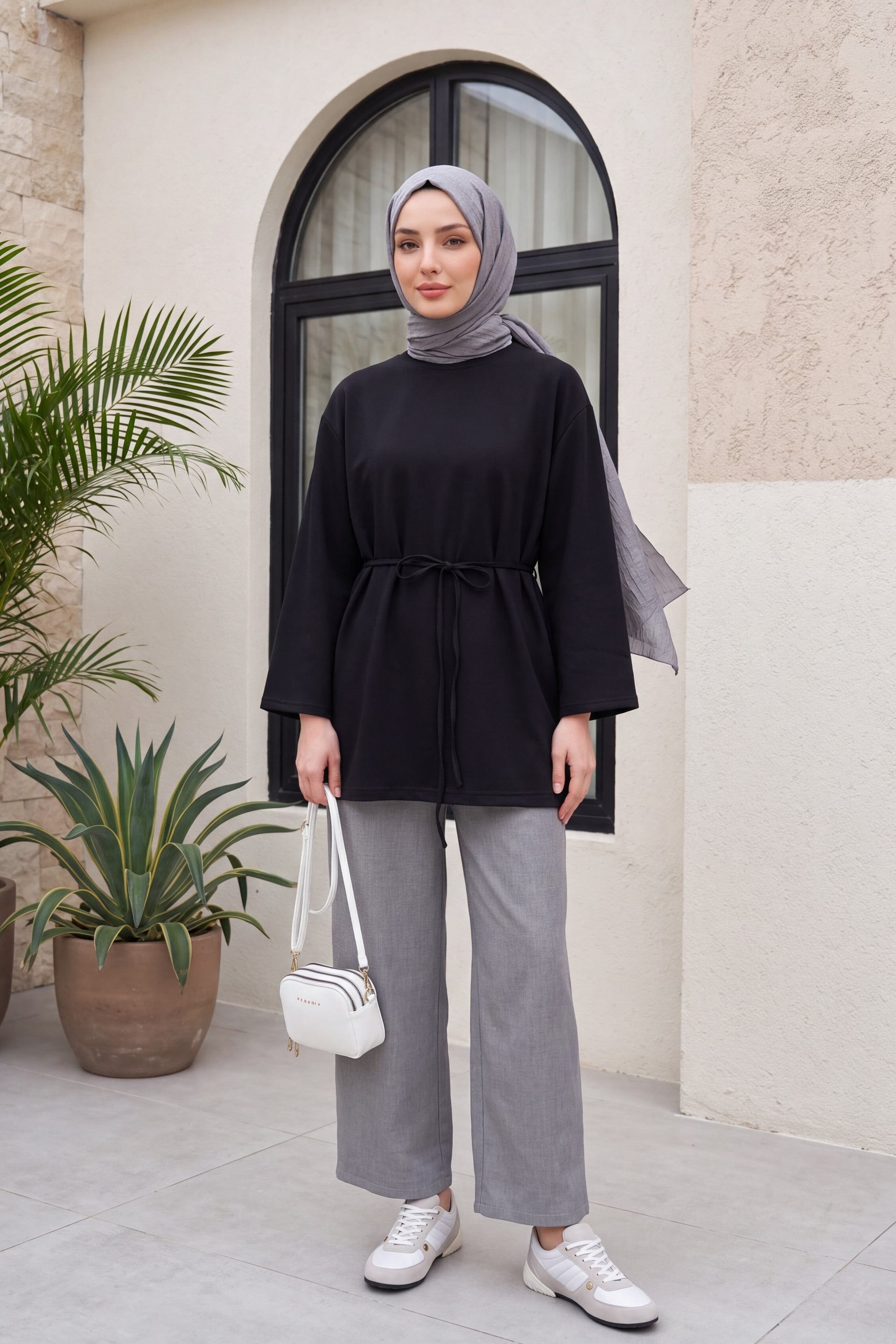 Black Scuba Knit Tunic with Tie Belt - Podyumplus - by Peralane - photo 2