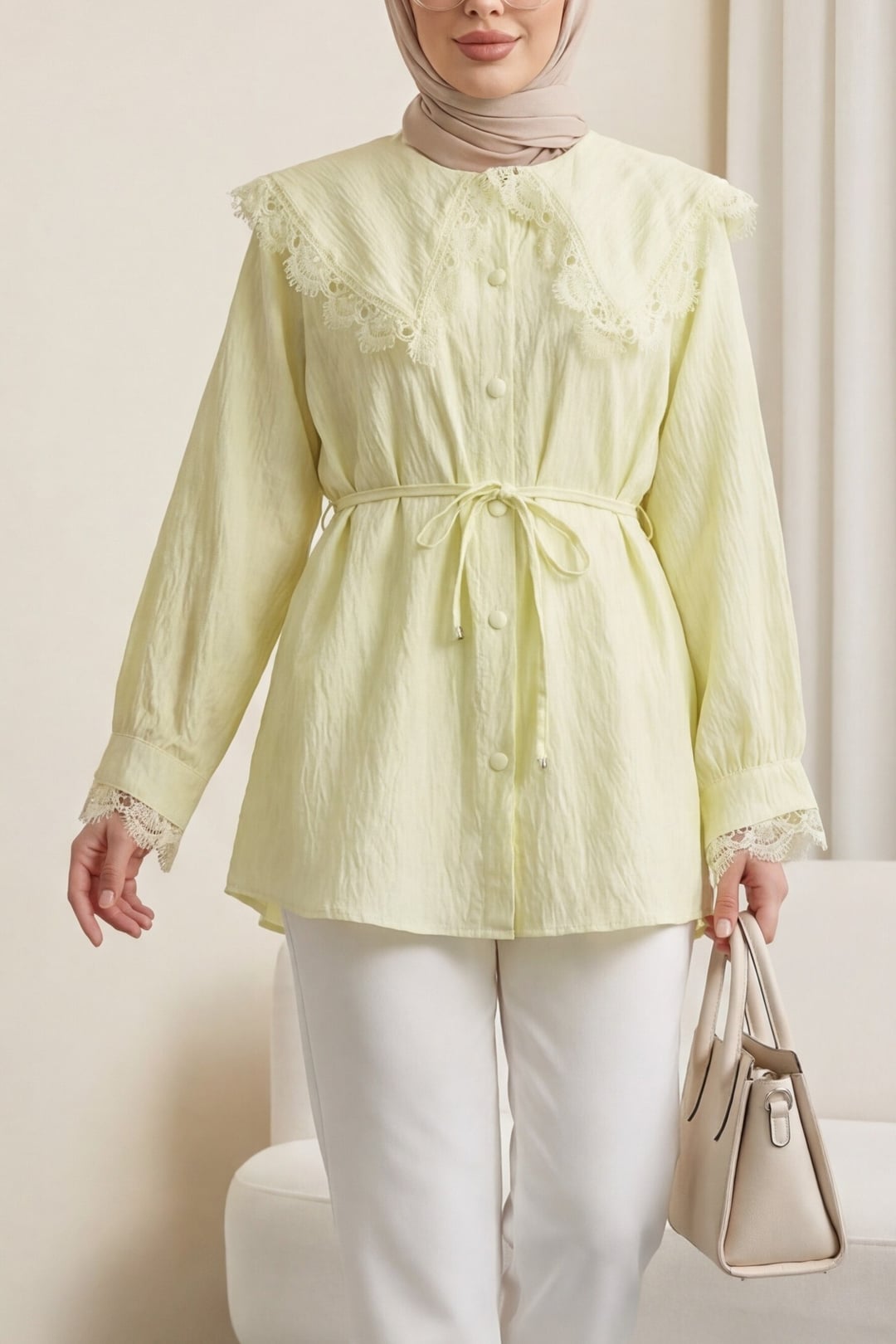 Light Yellow Modal Tunic with Lace Collar and Tie Belt - Podyumplus - by Peralane