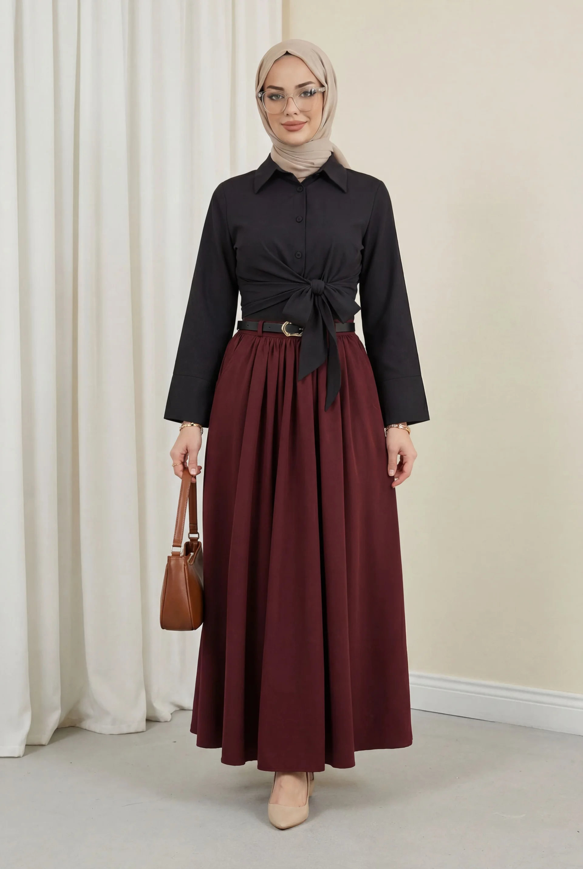 Burgundy Pleated Tweed Skirt with Buckle Belt and Side Pockets - Podyumplus - by Peralane - photo 3