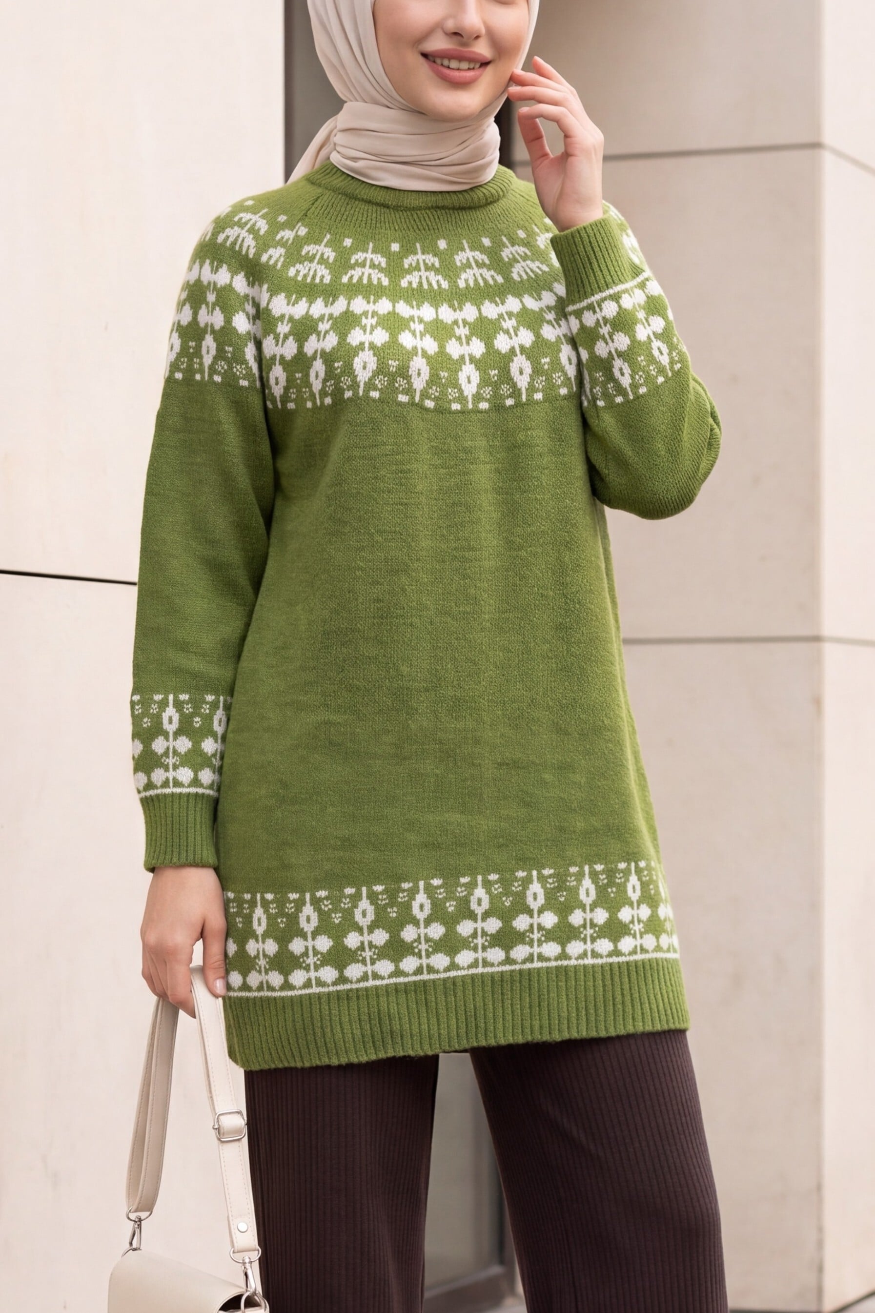 Half-Collar Patterned Knit Tunic Sweater - Khaki - Podyumplus - by Peralane