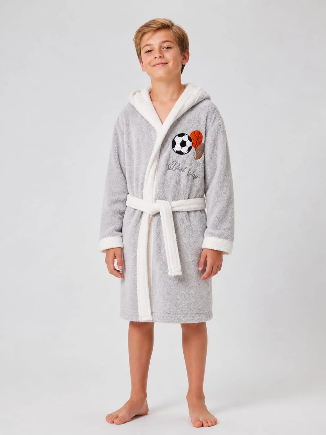 Children's Hooded Bathrobe - Light Grey with Sports Ball Applique - Has Bereket - by Peralane