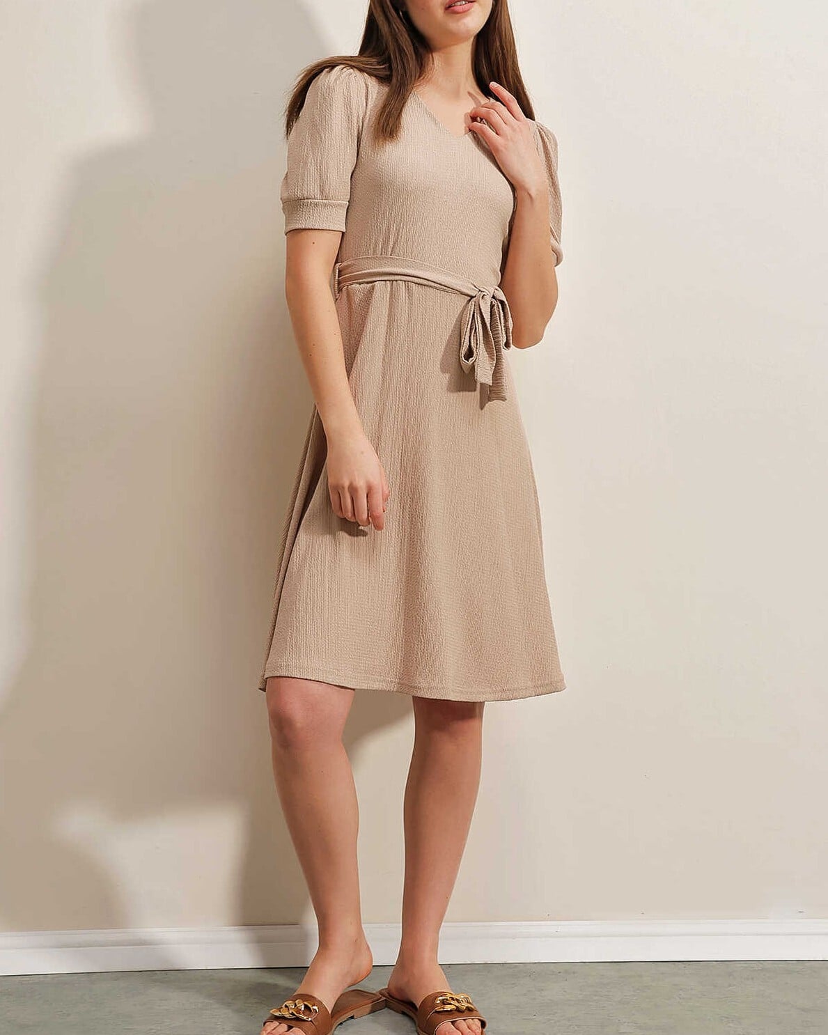 Belted Knit Dress - Beige - Bigdart - by Peralane