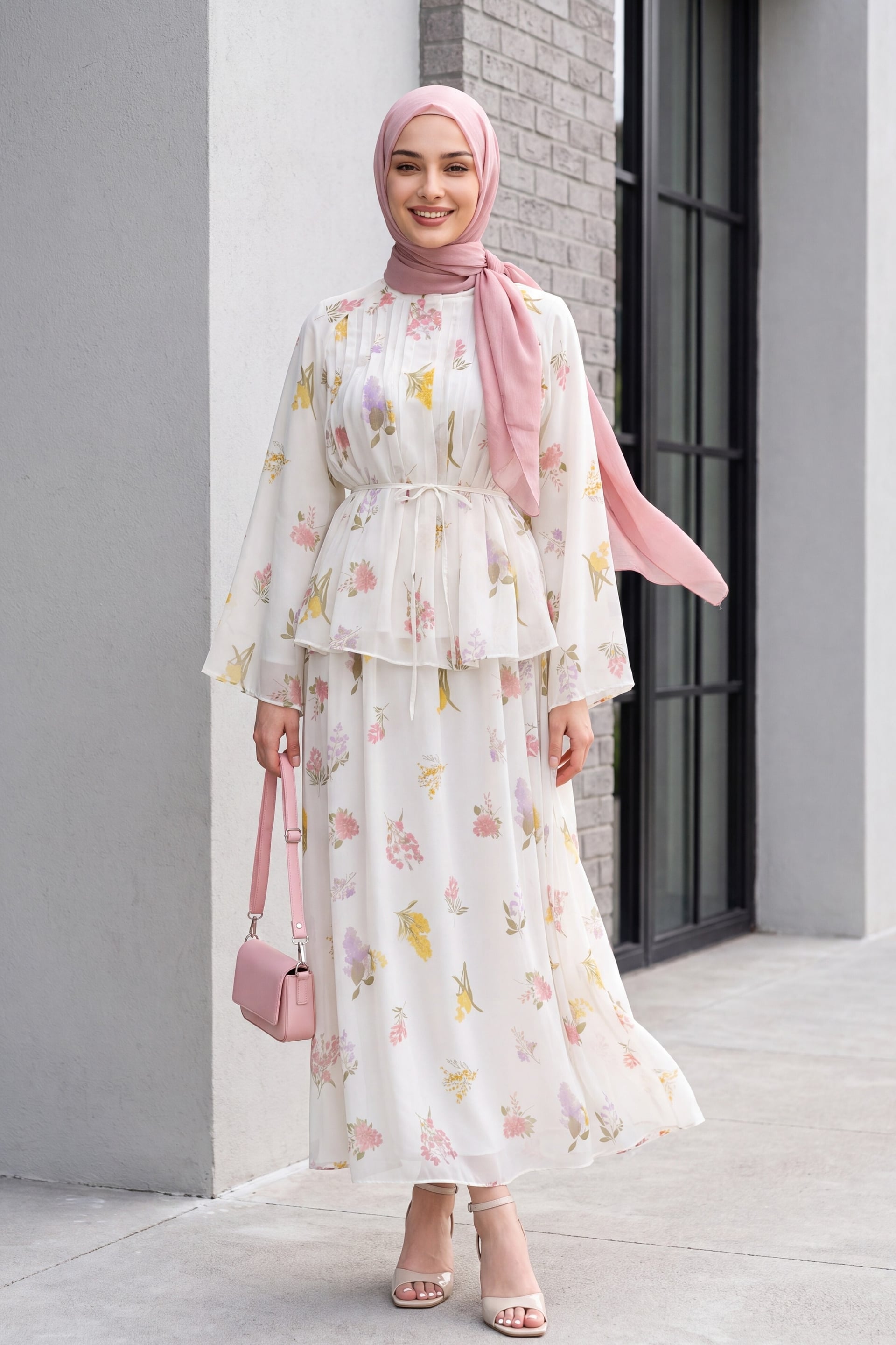 Ecru Floral Print Lined Tie Belt Chiffon Two-Piece Set with Skirt - Podyumplus - by Peralane - photo 2