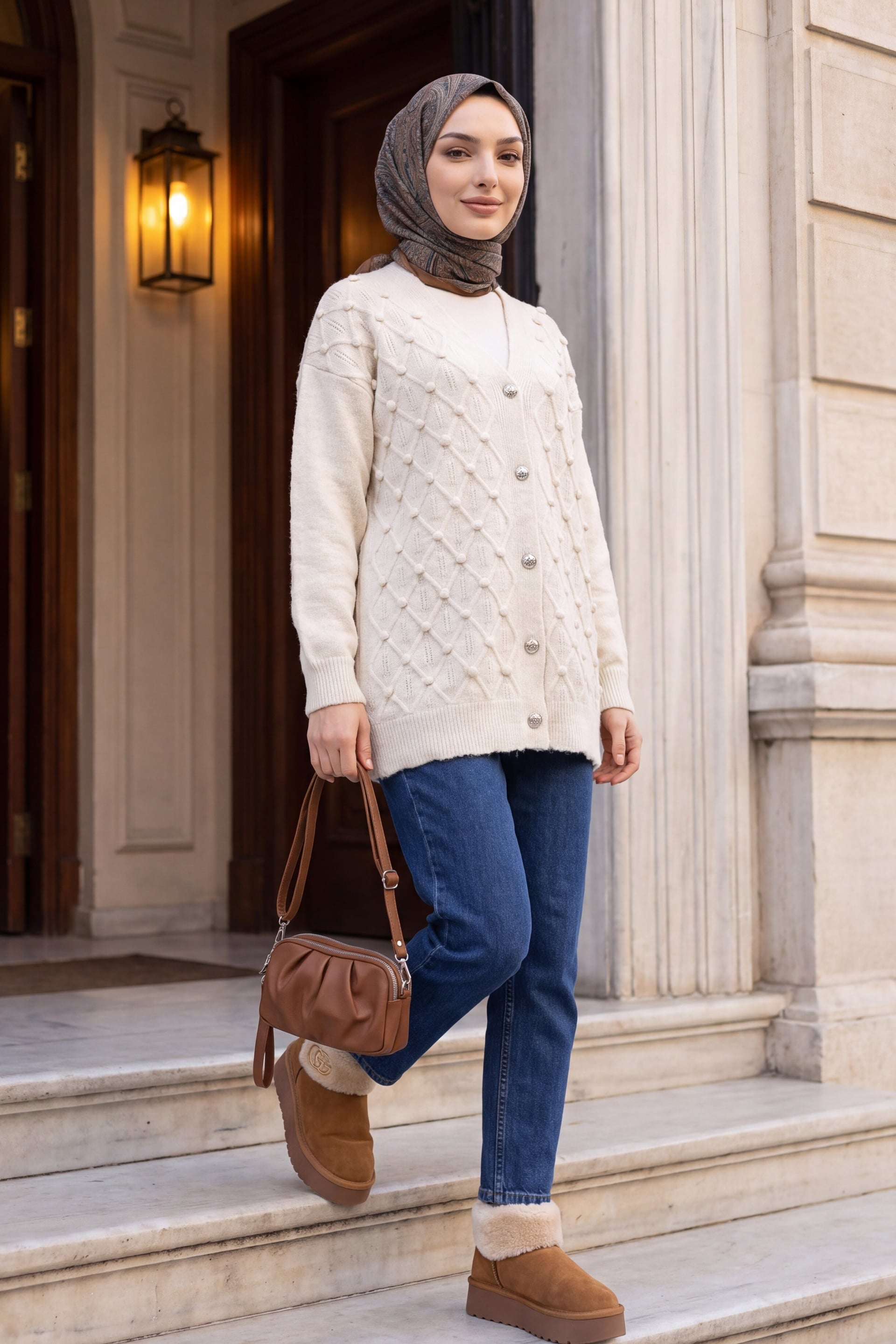 Embroidered Pompom Detail Buttoned Knit Cardigan - Stone Color - Podyumplus - by Peralane - photo 4