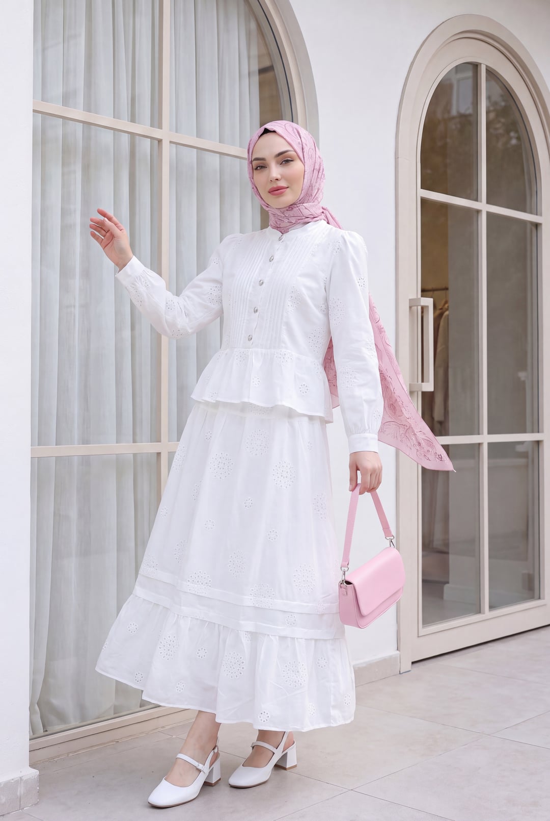 Ribbed Front Stone Button Peplum Lined Skirt Linen Look Set - White - Podyumplus - by Peralane
