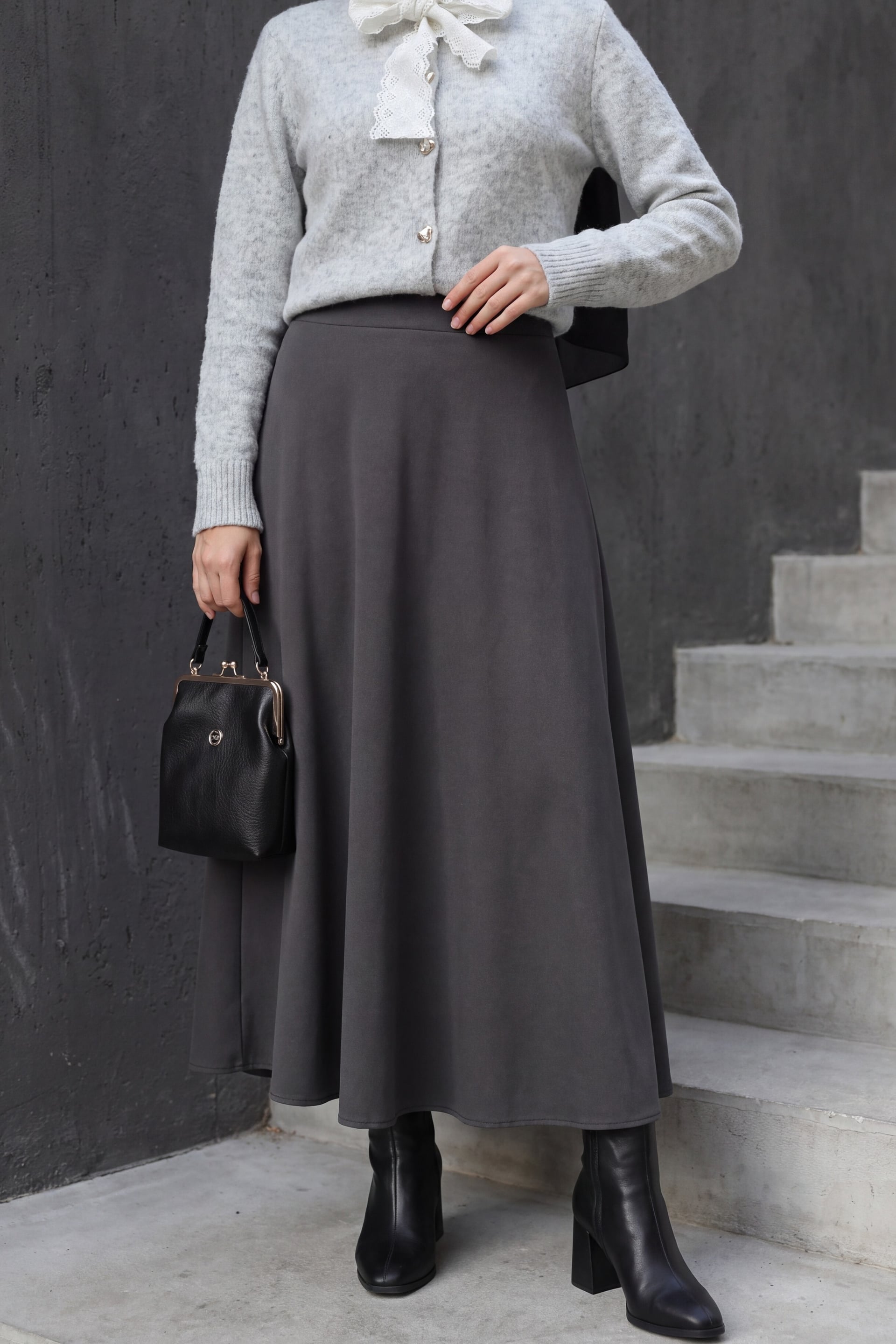 Puffy Pleated Scuba Skirt - Dark Grey - Podyumplus - by Peralane