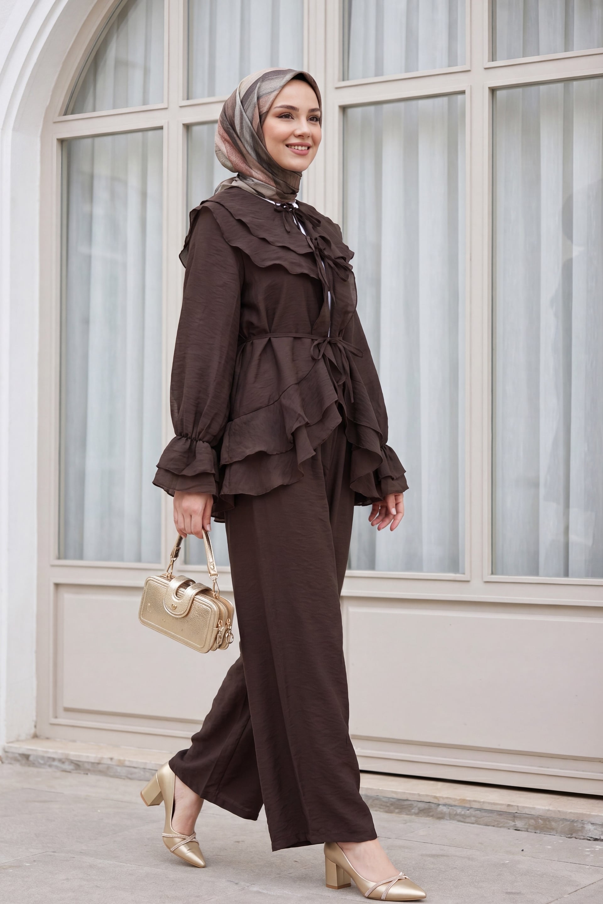 Lace-Up Front Layered Collar Long-Sleeve Blouse and Lined Trousers Set - Brown - Podyumplus - by Peralane