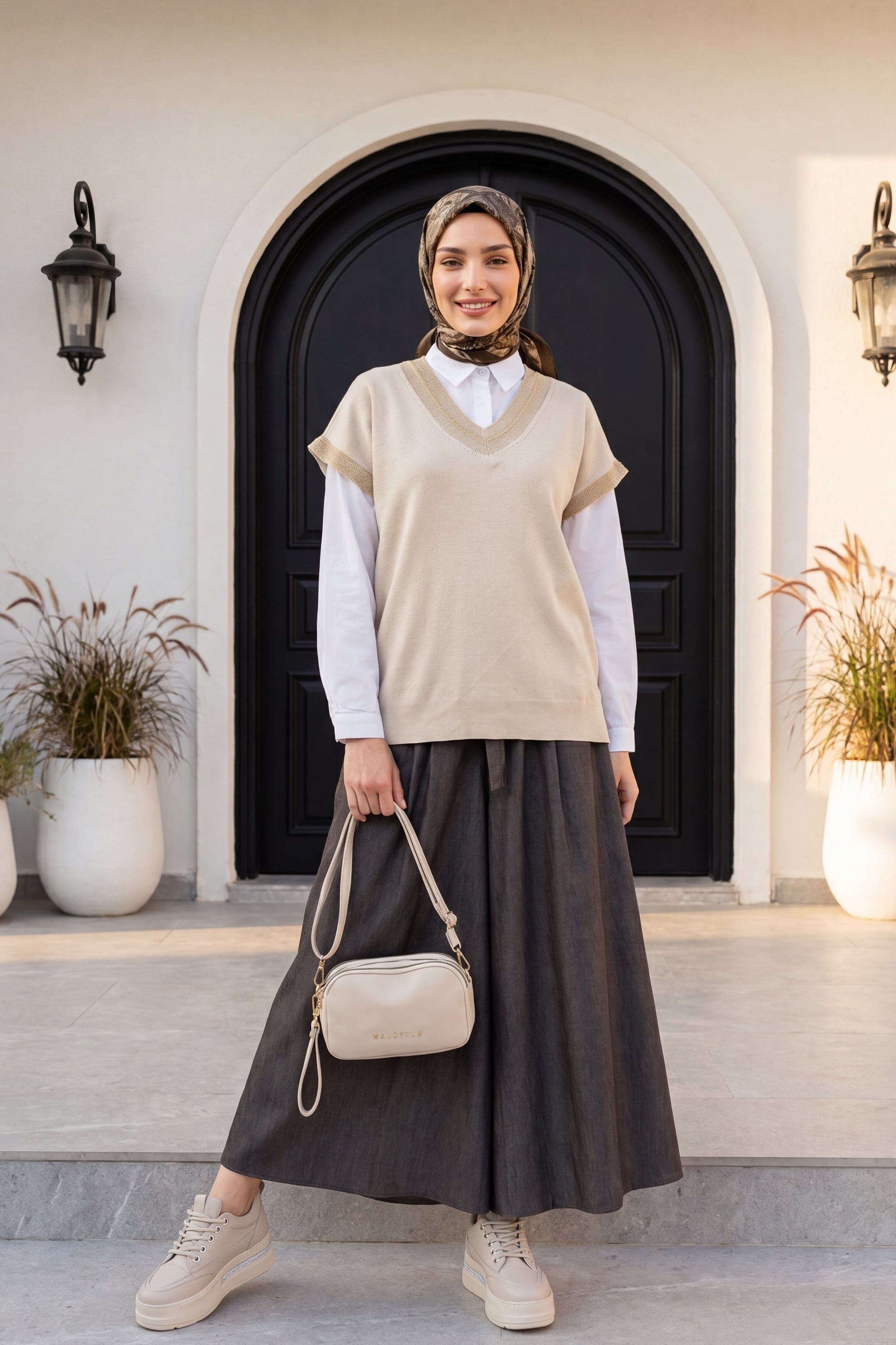 V-Neck Sleeveless Knit Tunic with Shimmer Trim - Stone - Podyumplus - by Peralane - photo 4