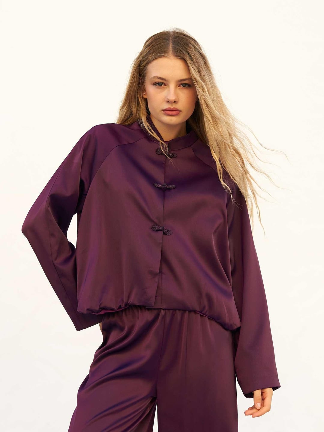 Plum Satin Bomber Jacket with Mandarin Collar - Lefon - by Peralane - photo 2