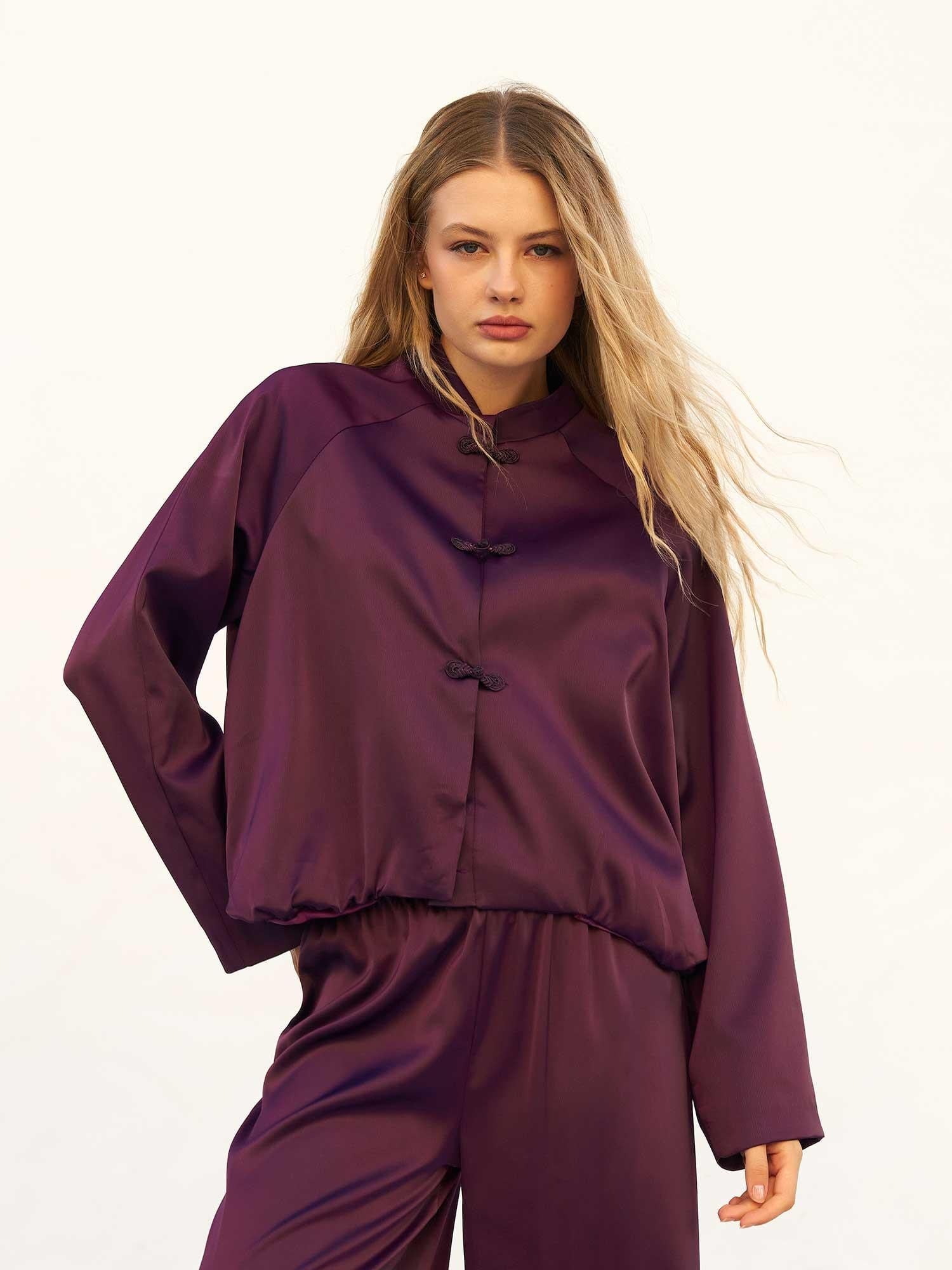 Plum Satin Bomber Jacket with Mandarin Collar - Lefon - by Peralane - photo 2
